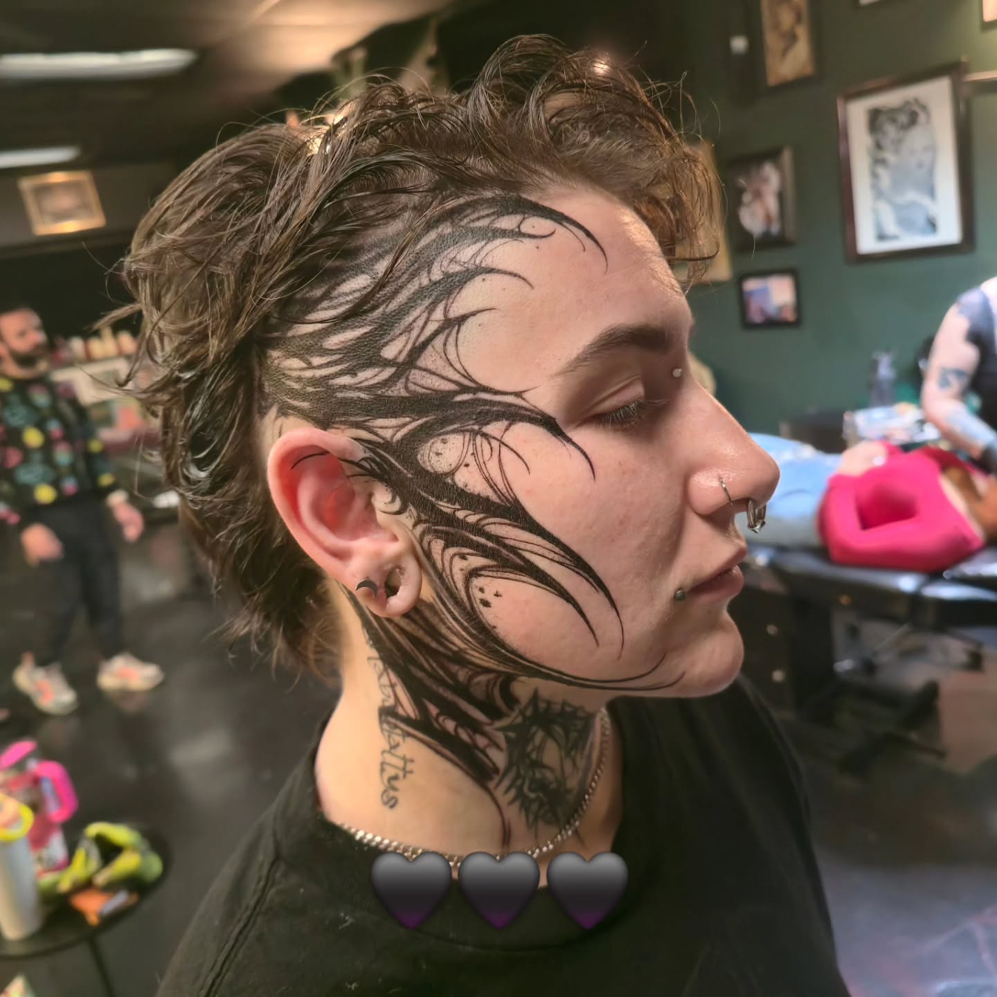 Abstract design black and grey tattoo on the head by Barrett Handel