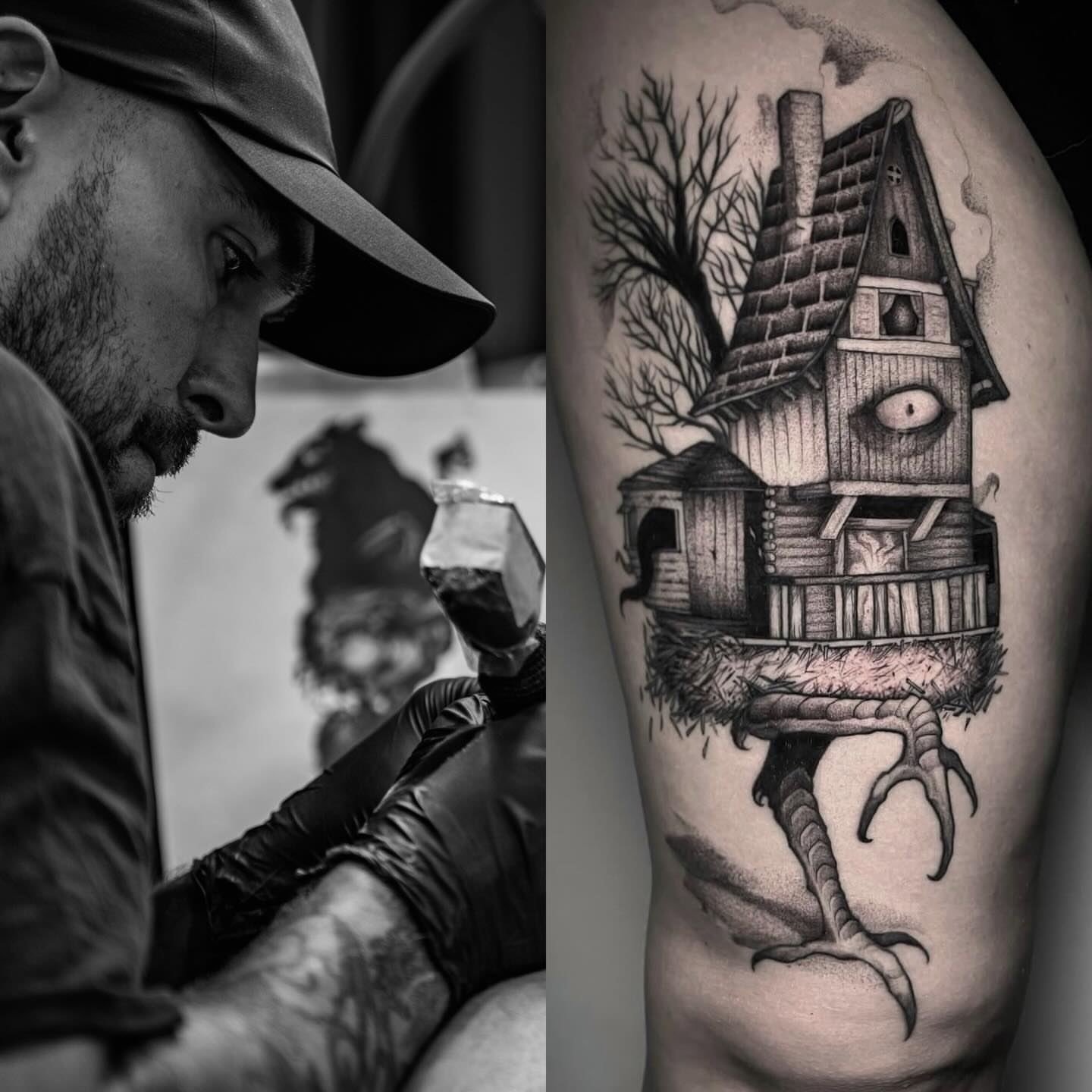 Haunted house dotwork tattoo on the forearm by Xavi Xiva TATTOO