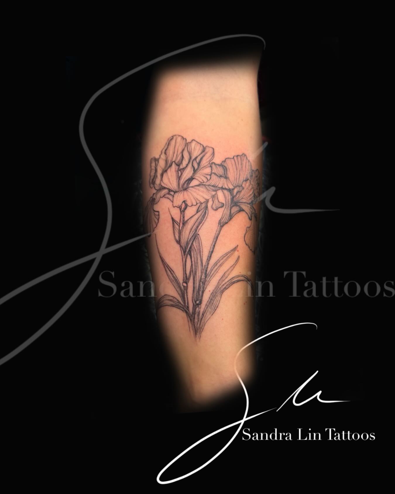Iris flowers black and grey tattoo on the forearm by Sandra Lin Cue