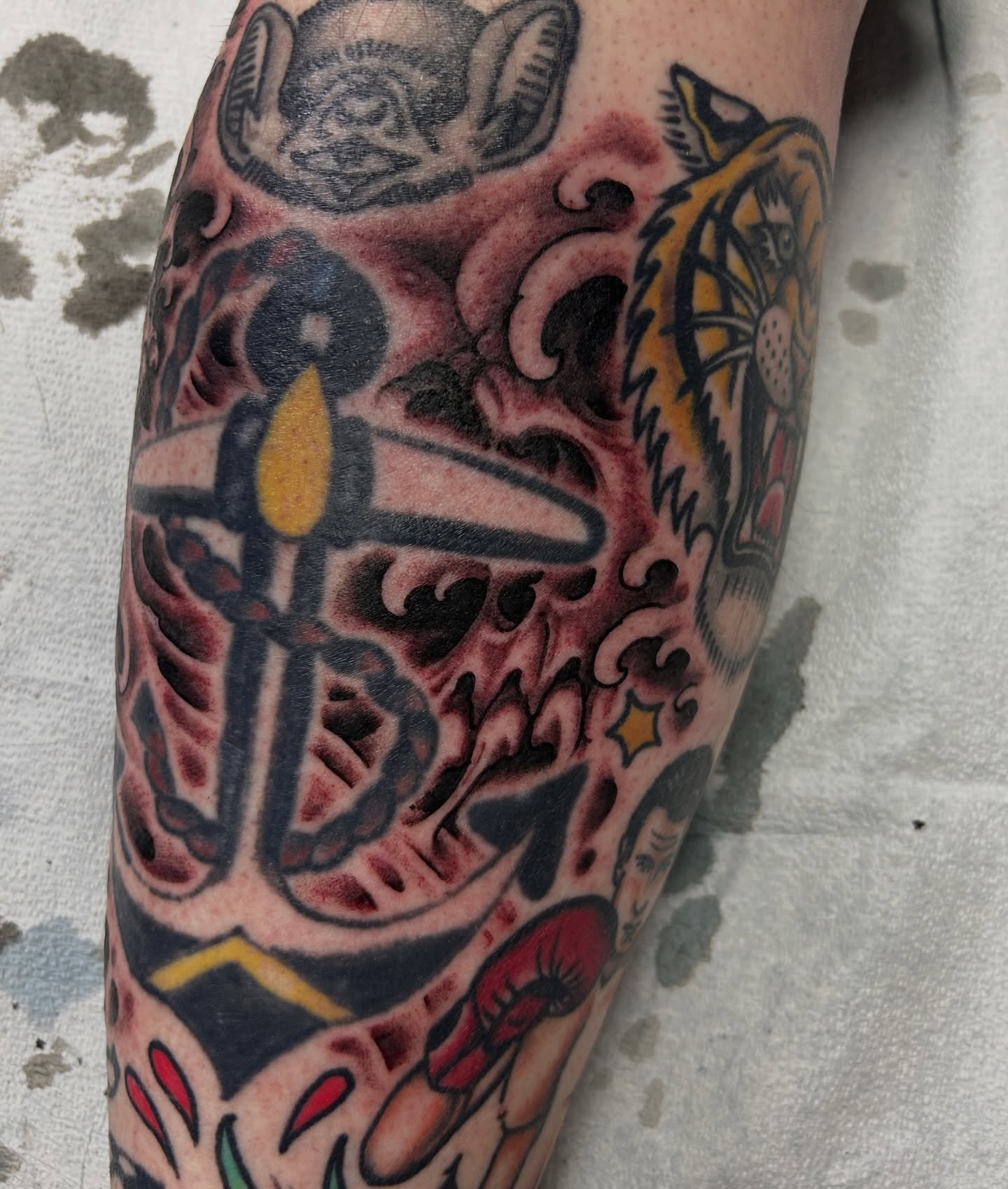 Bird and skull American traditional tattoo on the forearm by Justin Weatherholtz, New York, New York