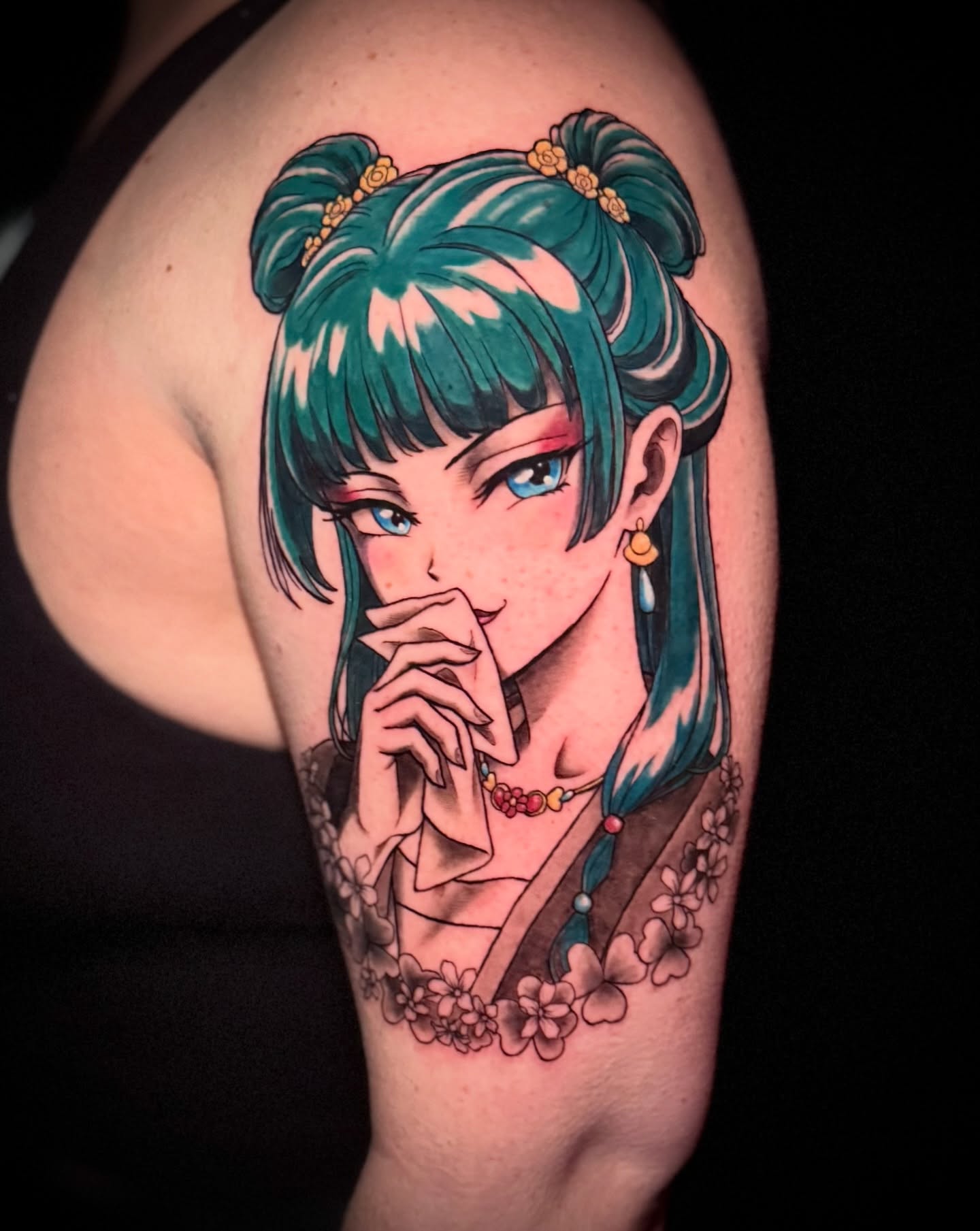 Anime girl anime tattoo on the shoulder by Cheyenne Ciera Goulish, Warren, Ohio