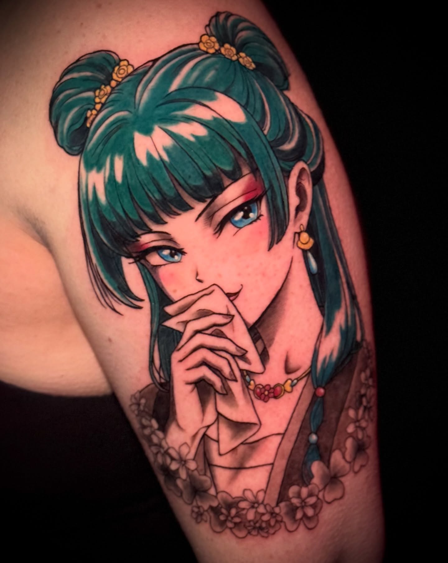 Anime girl anime tattoo on the shoulder by Cheyenne Ciera Goulish, Warren, Ohio