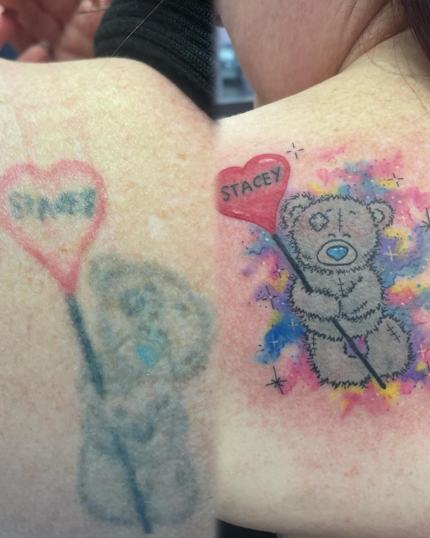 Teddy bear with heart balloon watercolor tattoo on the forearm by elly, Oakham