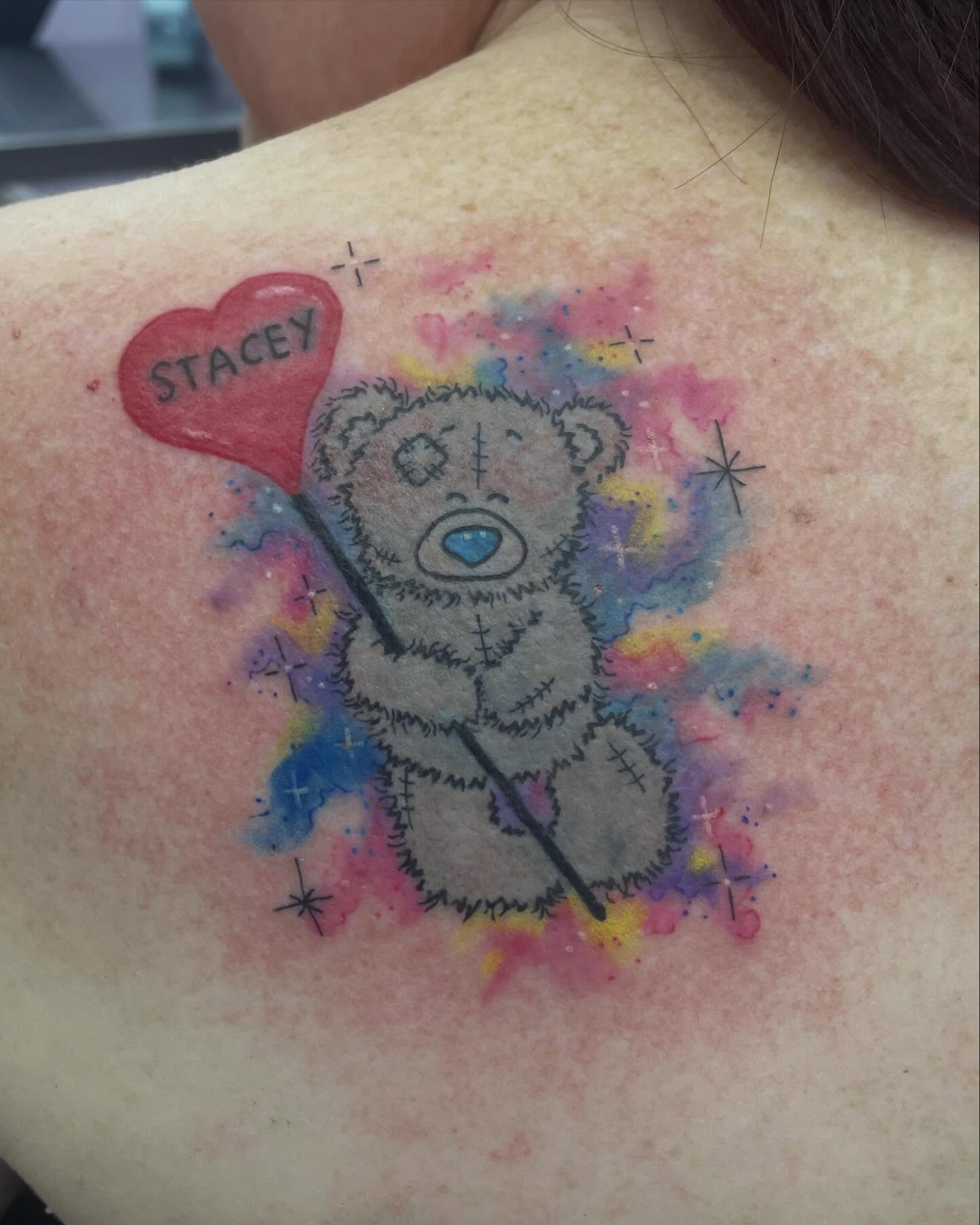 Teddy bear dotwork tattoo on the back by elly, Oakham