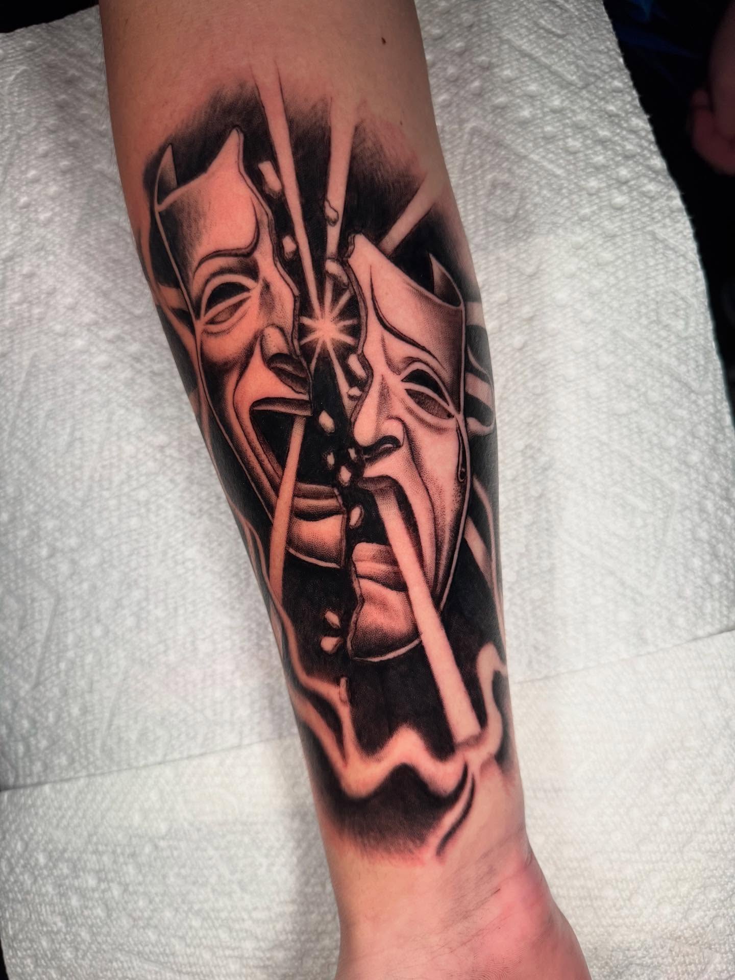 Mask black and grey tattoo on the forearm by 𝕾𝖈𝖗𝖎𝖕𝖙 𝕾𝖕𝖊𝖈𝖎𝖆𝖑𝖎𝖘𝖙