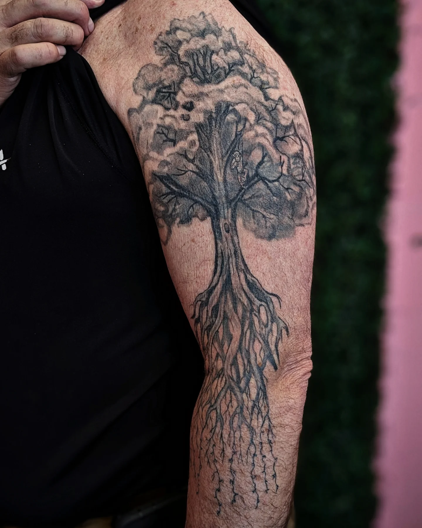 Tree black and grey tattoo on the upper arm by Marlayna Connelly