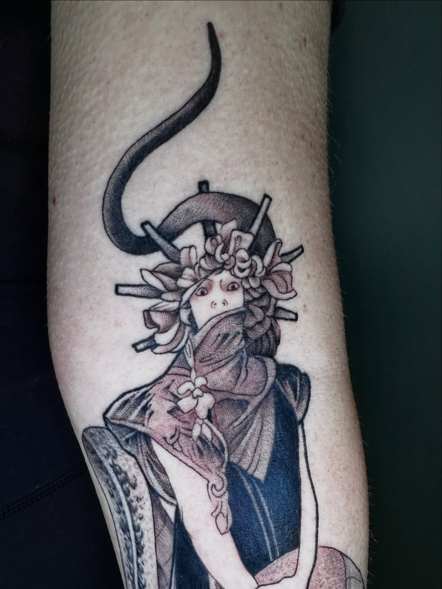 Geisha with snake japanese irezumi tattoo on the forearm by Sarah Margaret