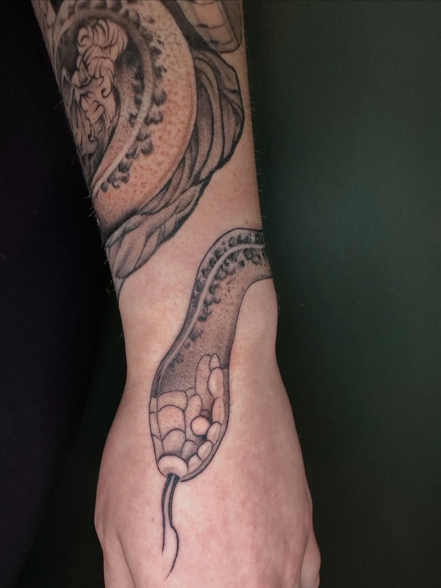 Snake black and grey tattoo on the forearm by Sarah Margaret