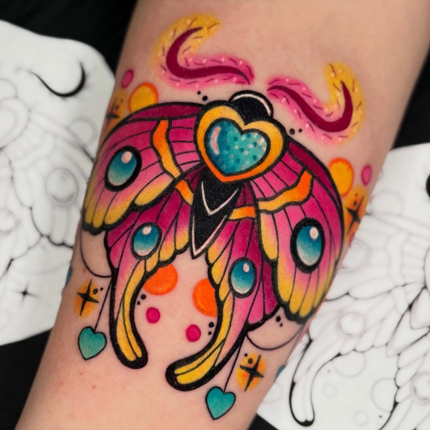 Butterfly new school tattoo on the forearm by Brianna Dickson