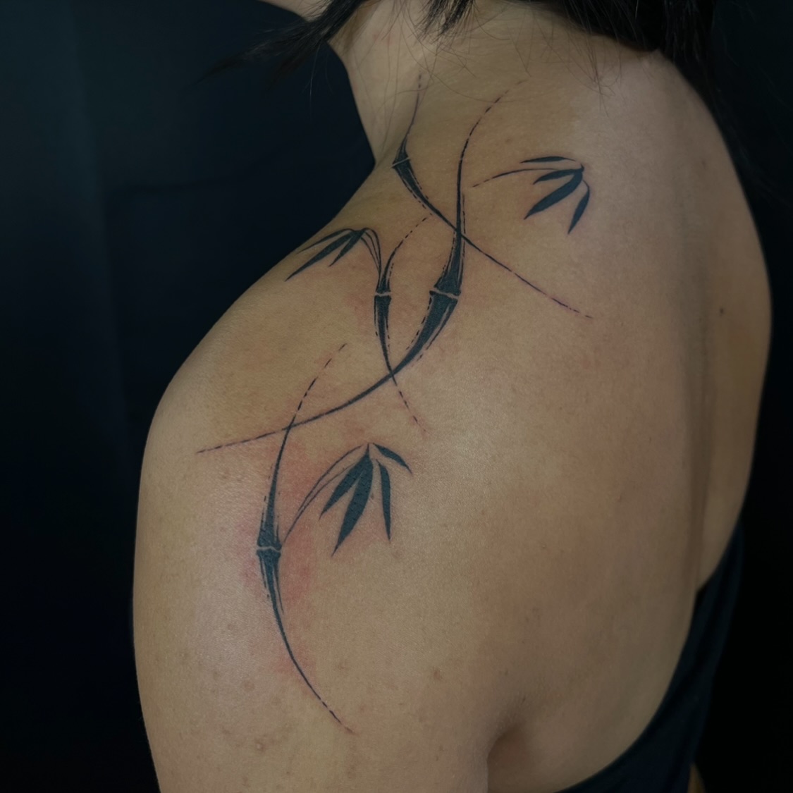 Bamboo branches blackwork tattoo on the shoulder by lela