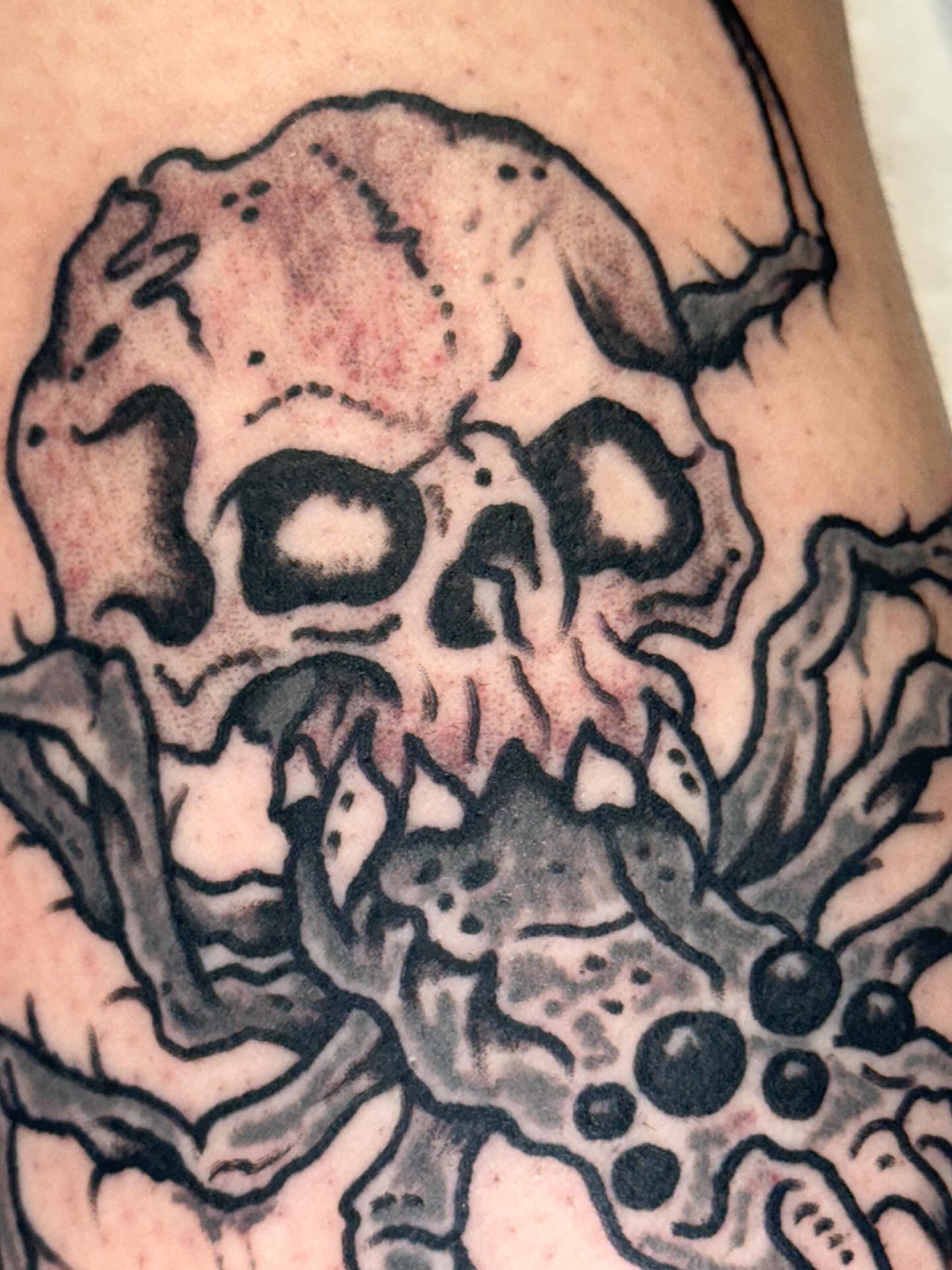 Skull black and grey tattoo on the upper arm by Olive Kelley