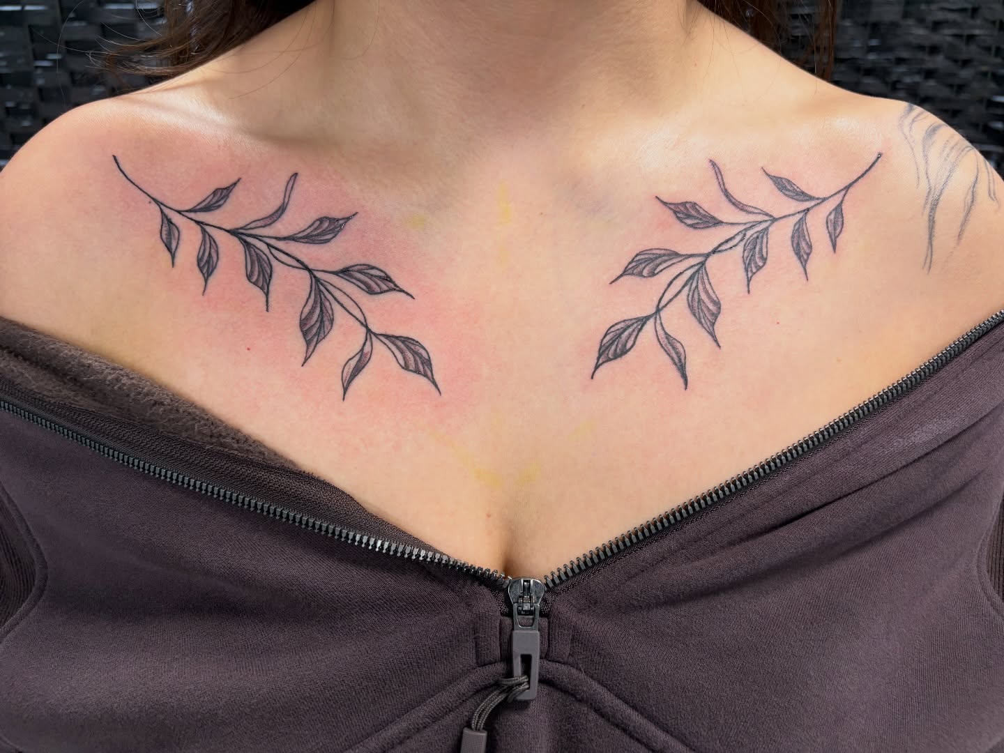 Branch black and grey tattoo on the shoulder by Brittany Brutal