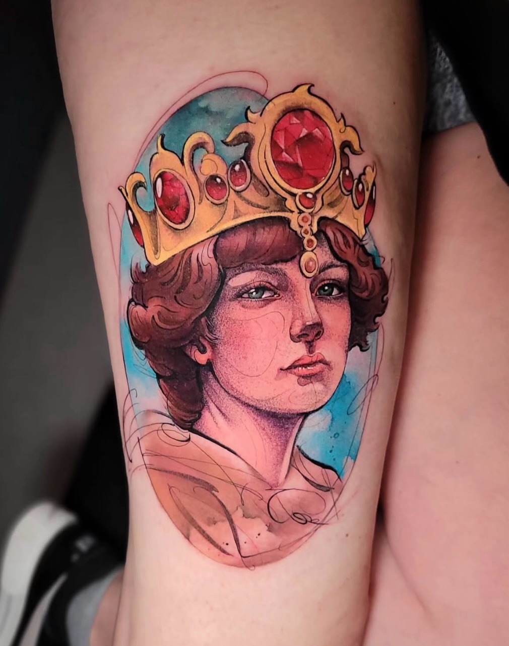 Royal portrait realism tattoo on the forearm by Jorell Elie