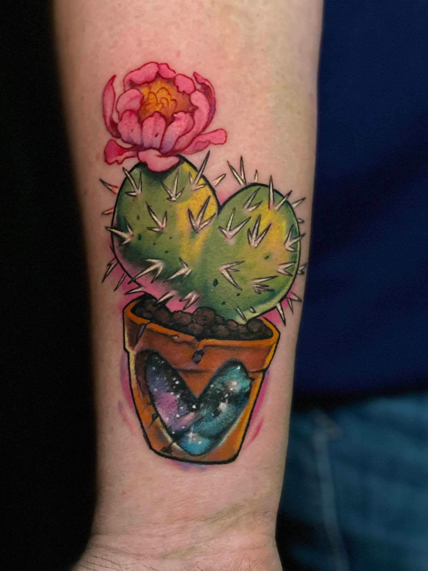 Cactus with flower watercolor tattoo on the forearm by Picasso Dular, Lake Forest, California