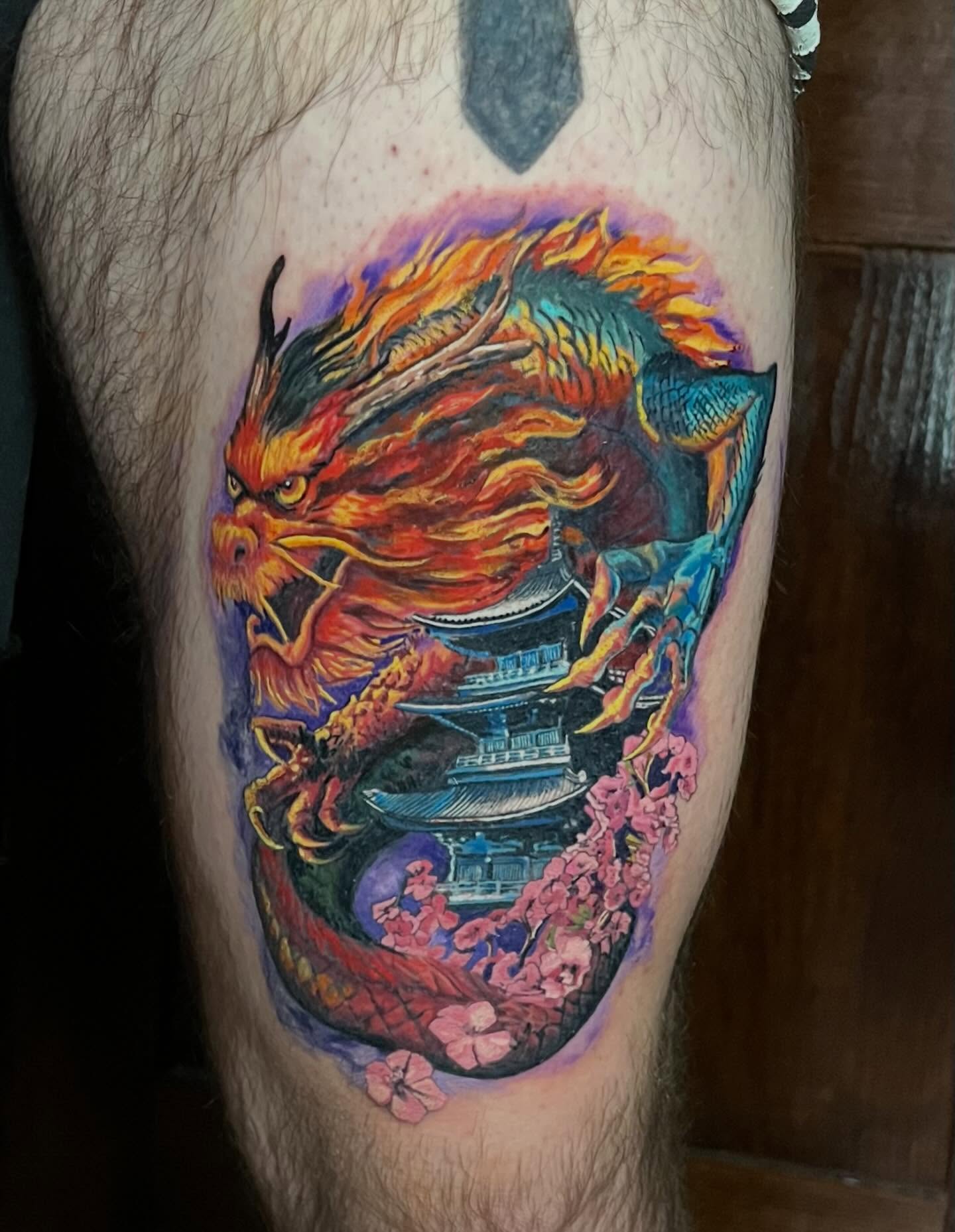 Dragon and cherry blossoms japanese irezumi tattoo on the thigh by Lenny Paul - Ohio Tattoo Artist, Canton, Ohio