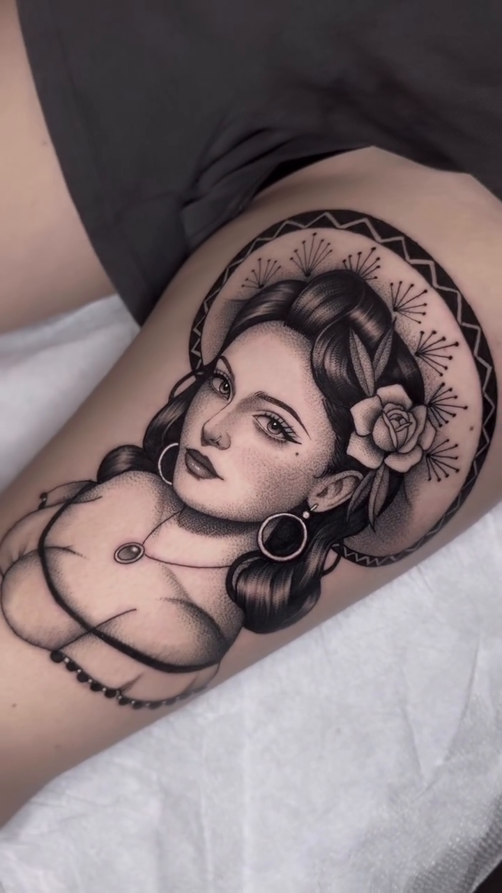 Woman with roses realism tattoo by Luna Lucero