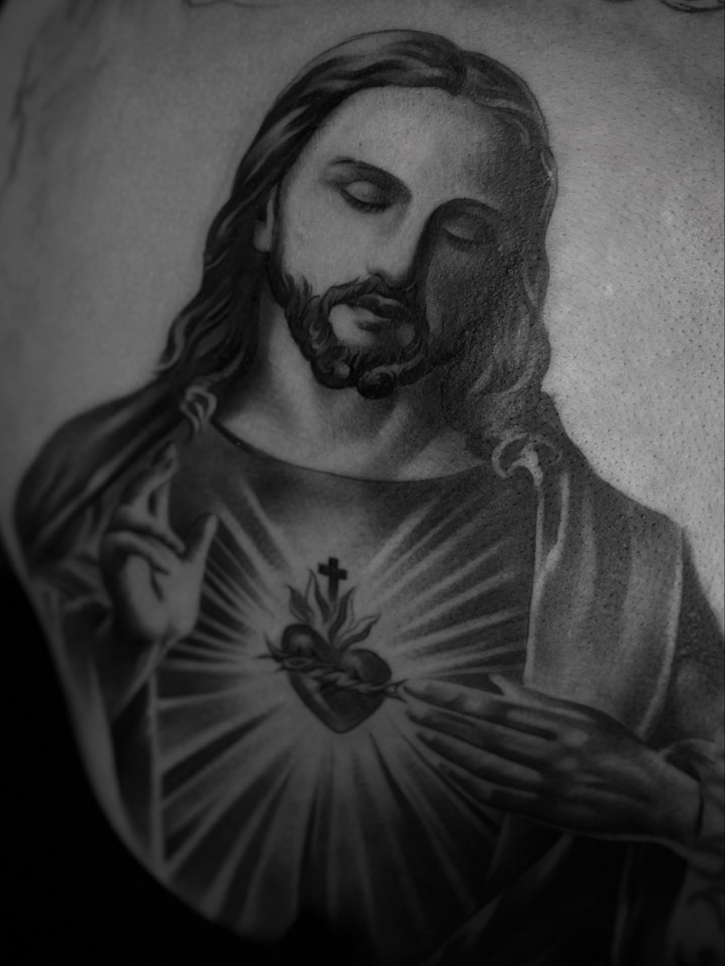 Religious figure black and grey tattoo on the chest by 🇵🇭Joseph Passion