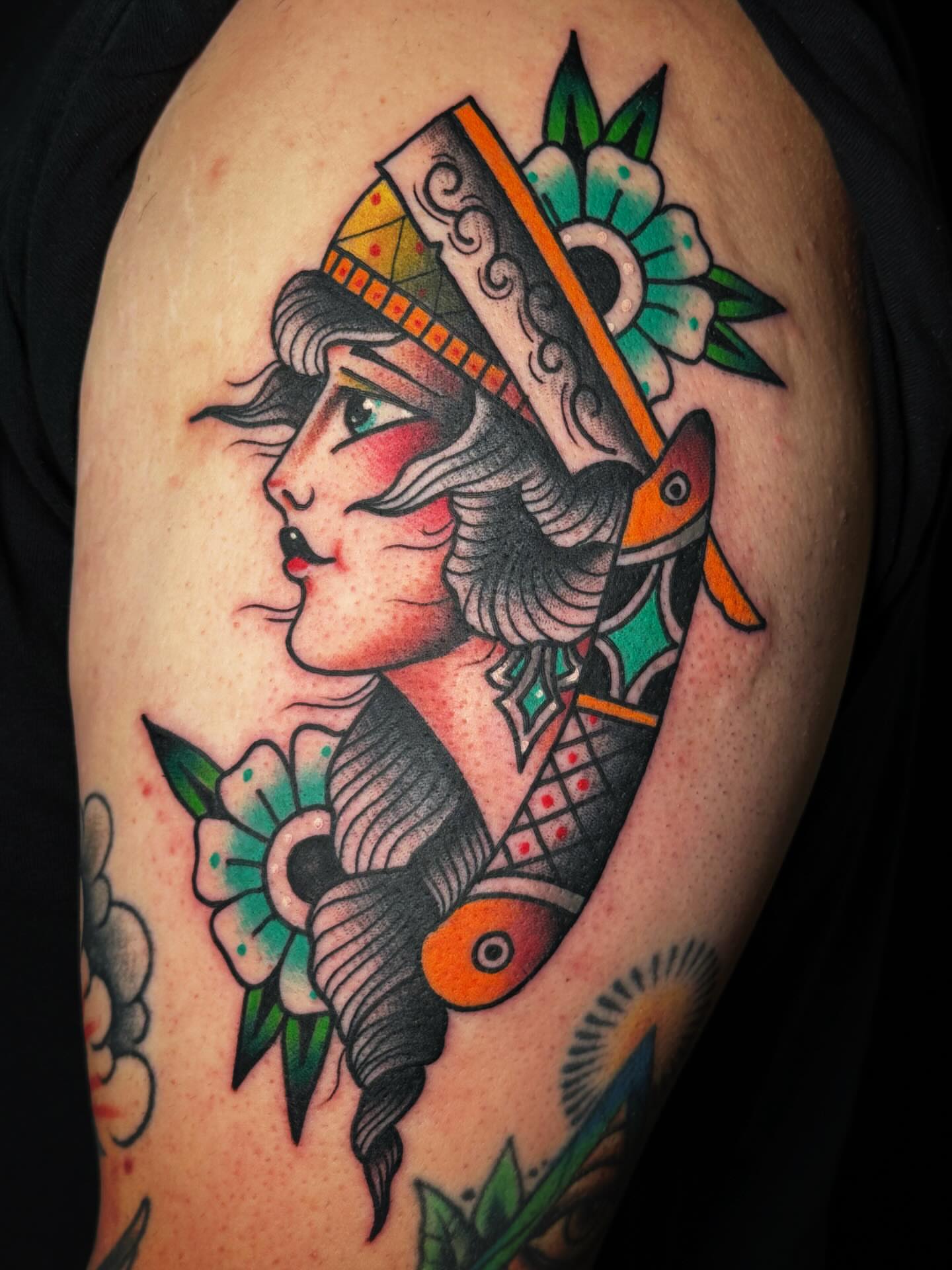 Geisha American traditional tattoo on the shoulder by Mikey Sarratt