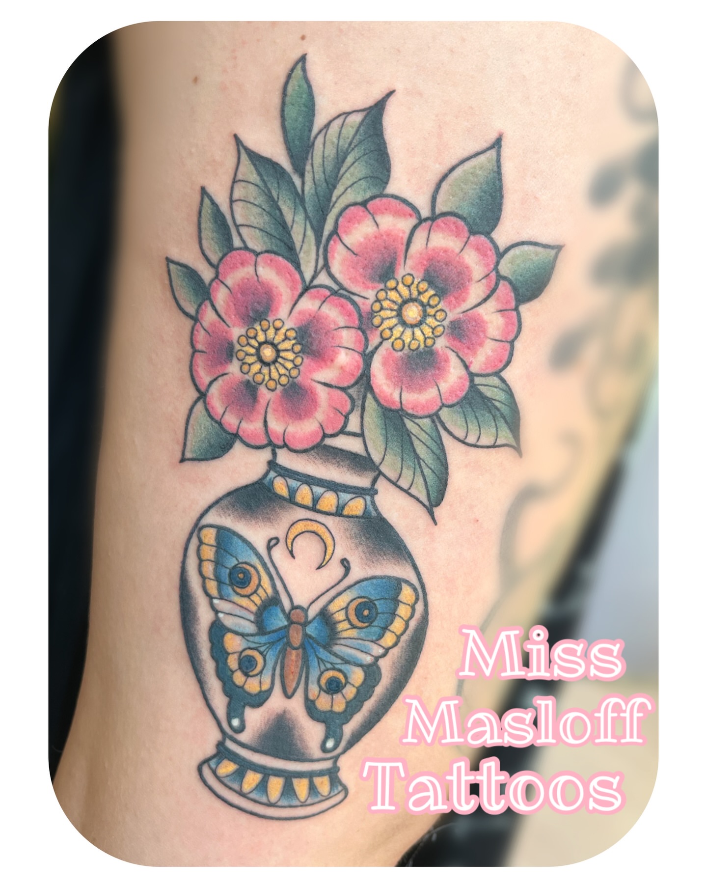 Flower vase with butterfly American traditional tattoo on the forearm by ๐Miss Ash Masloff (Mrs.Waritz)๐