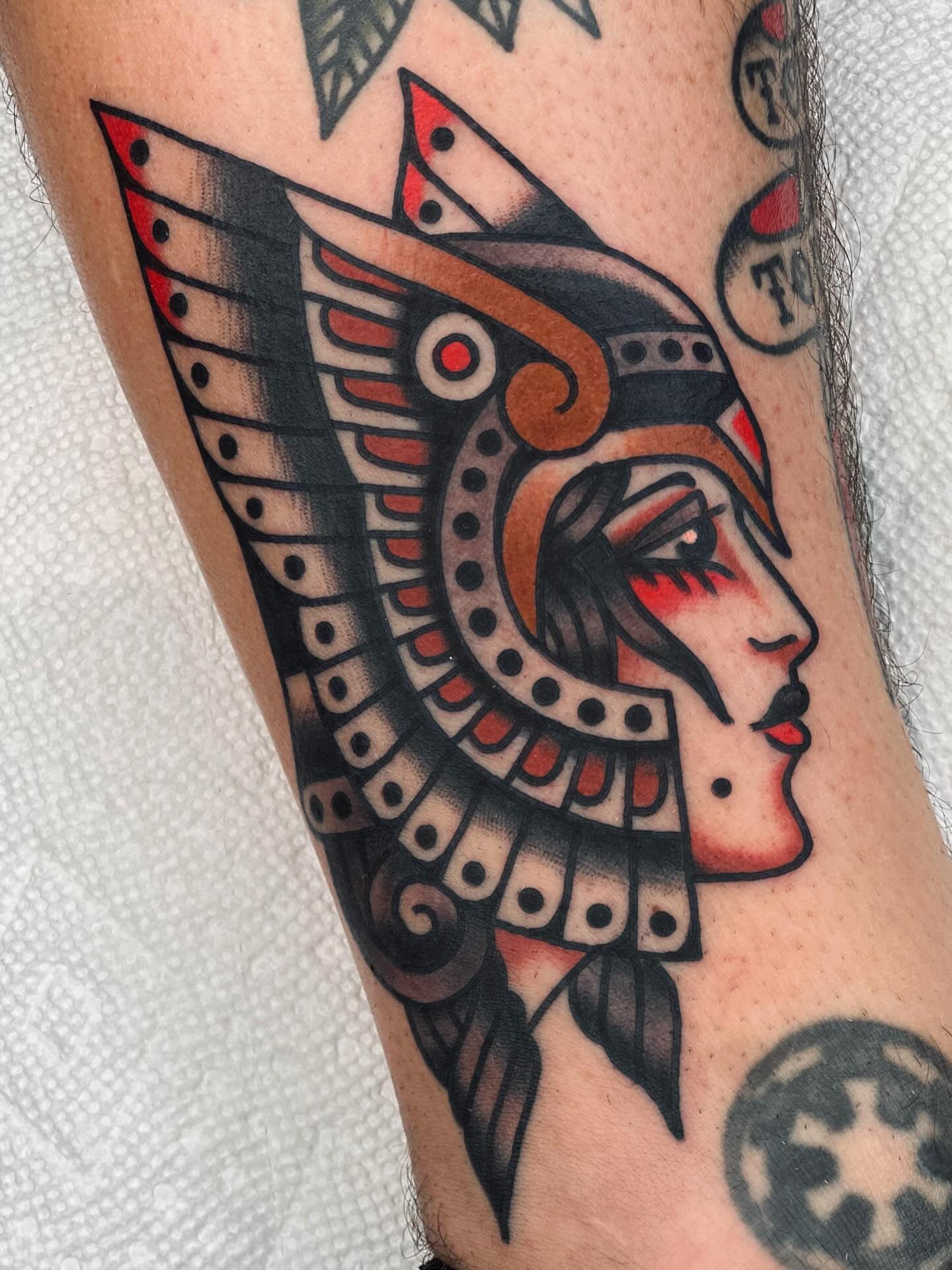 Ancient warrior American traditional tattoo on the forearm by Blake Francis, Worcester, Massachusetts