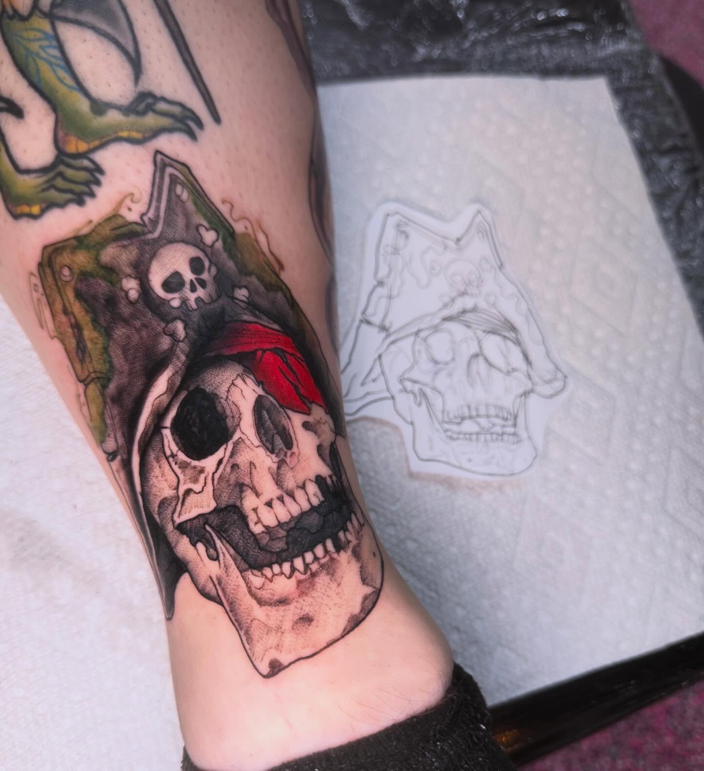 Pirate skull realism tattoo on the forearm by Kayla Rosencrans