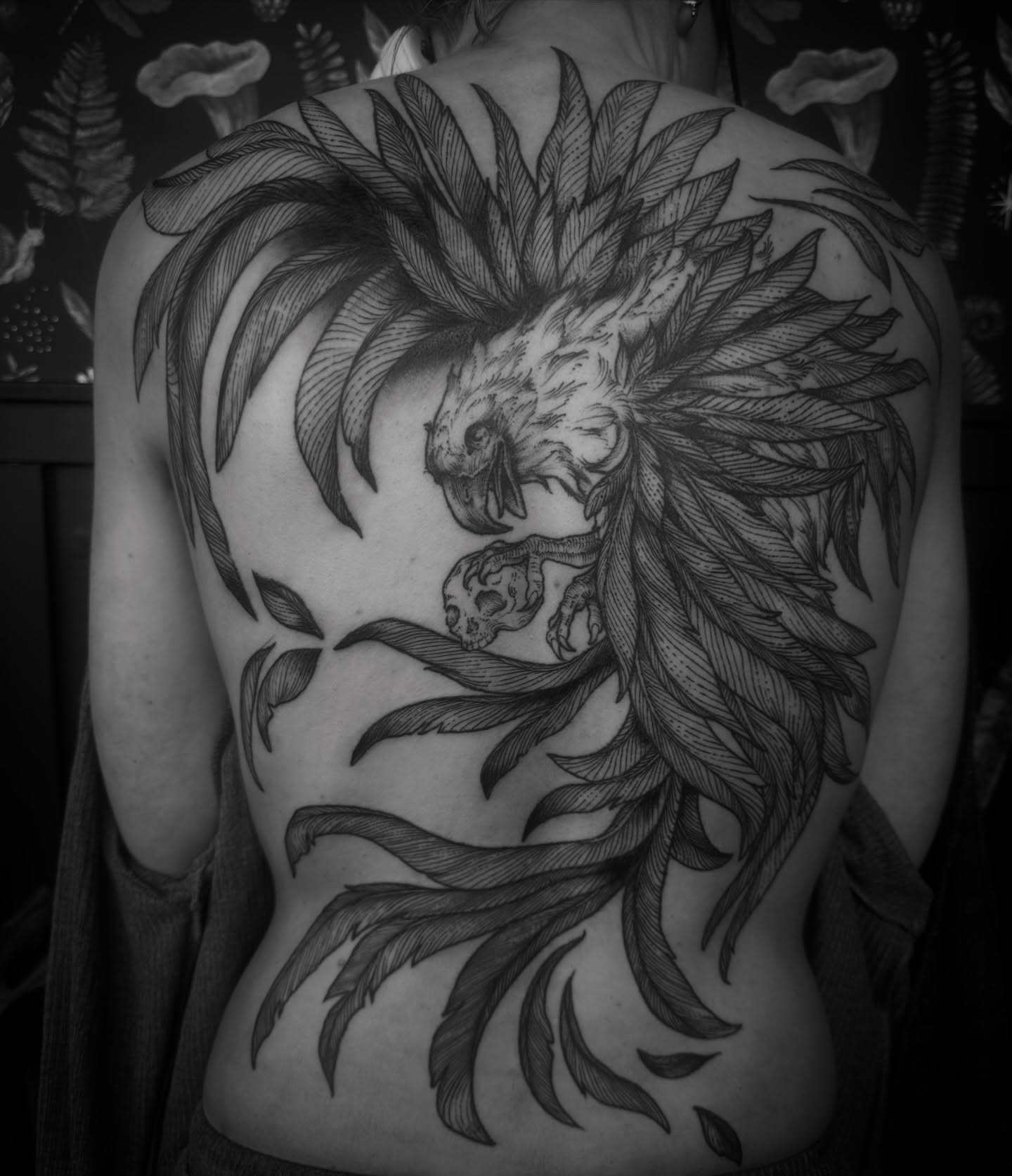 Phoenix black and grey tattoo on the back by Desireé Keys, Midvale, Utah