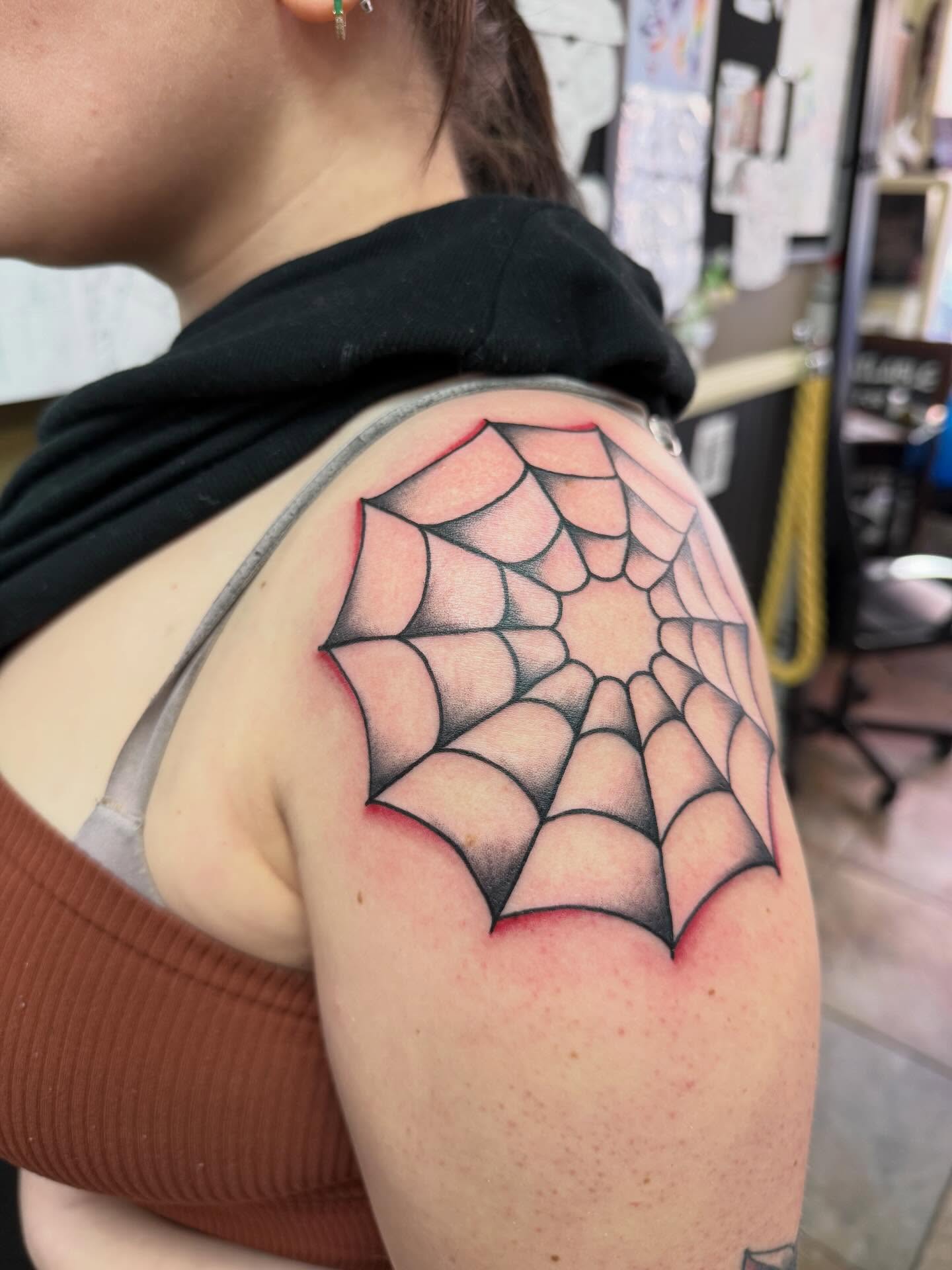 Spiderweb geometric tattoo on the shoulder by Liz Glitz - Philadelphia Tattoo Artist