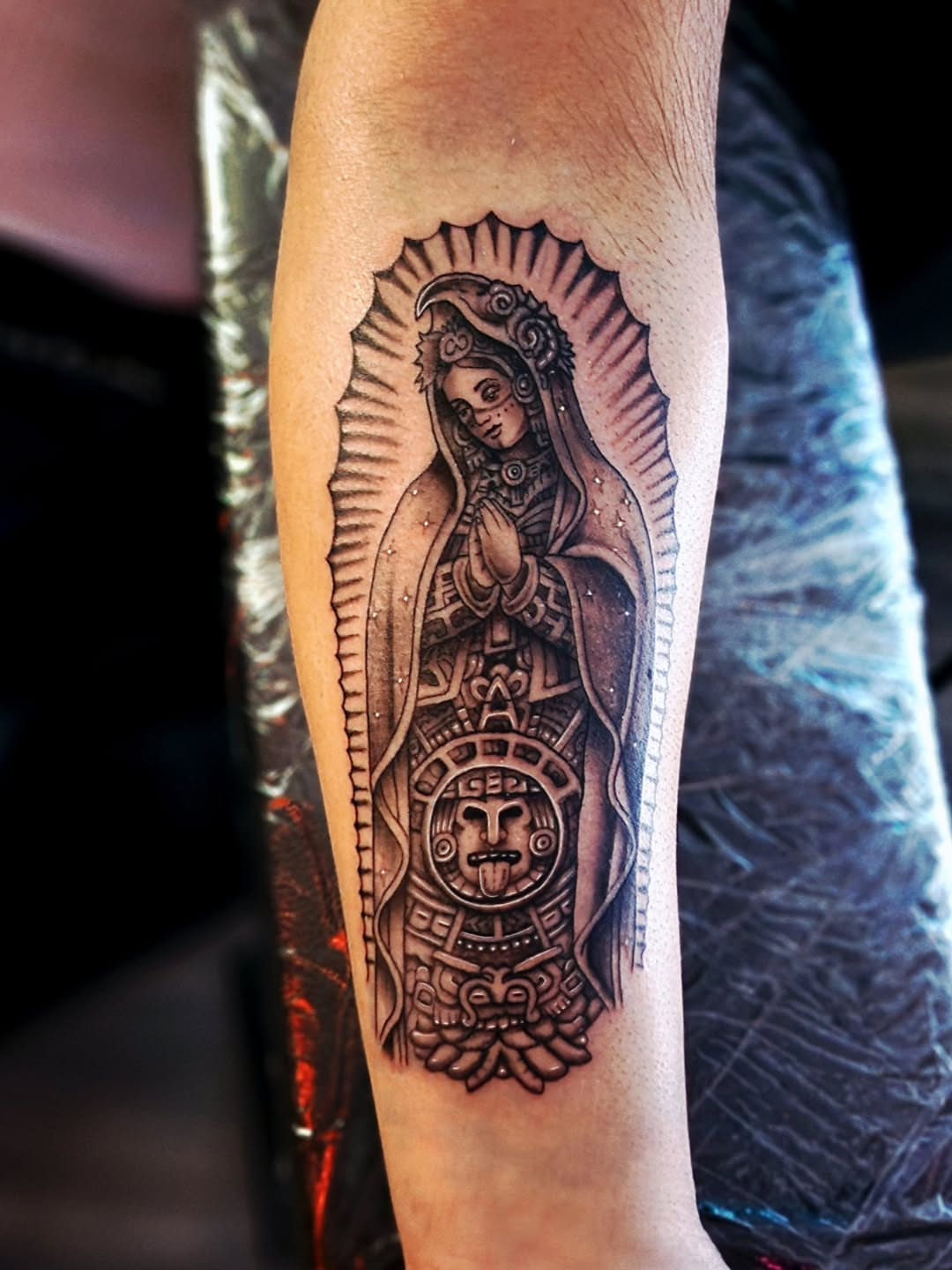 Our Lady of Guadalupe realism tattoo on the forearm by Luke Jordan Ink, Louisville, Colorado