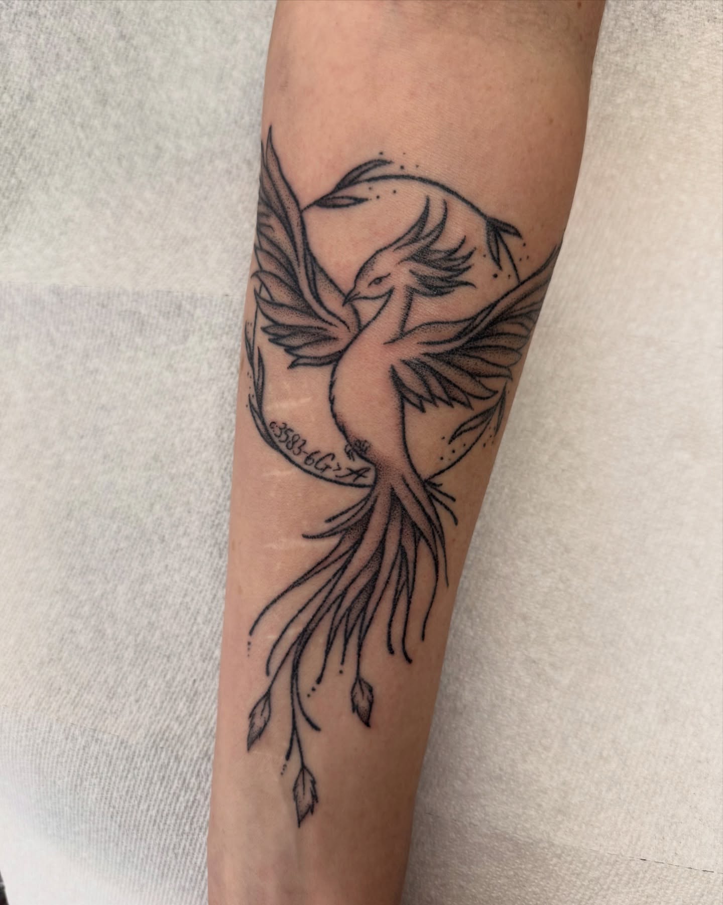 Phoenix black and grey tattoo on the forearm by Melia Mariko