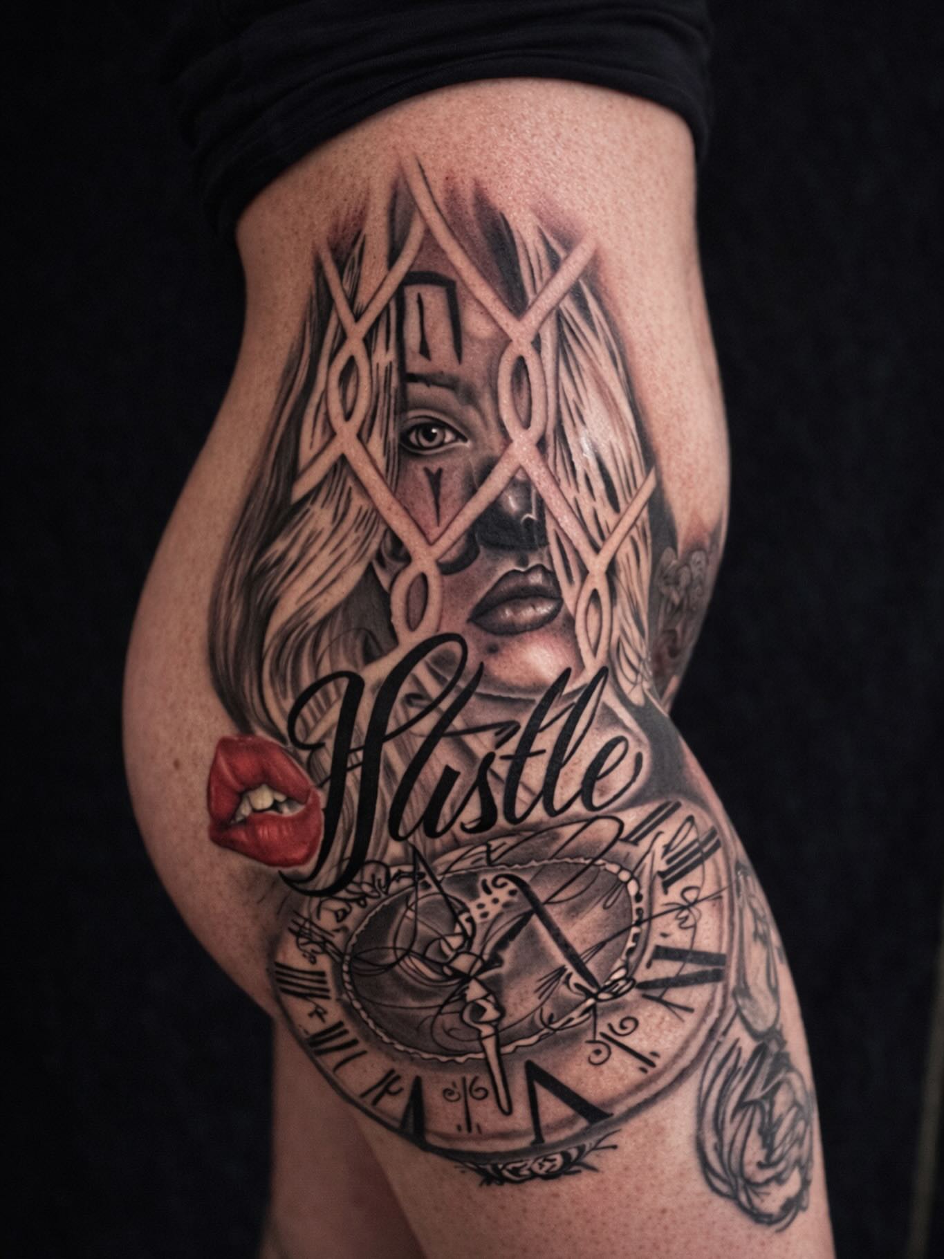 Woman with clock realism tattoo on the thigh by Shake_tatts