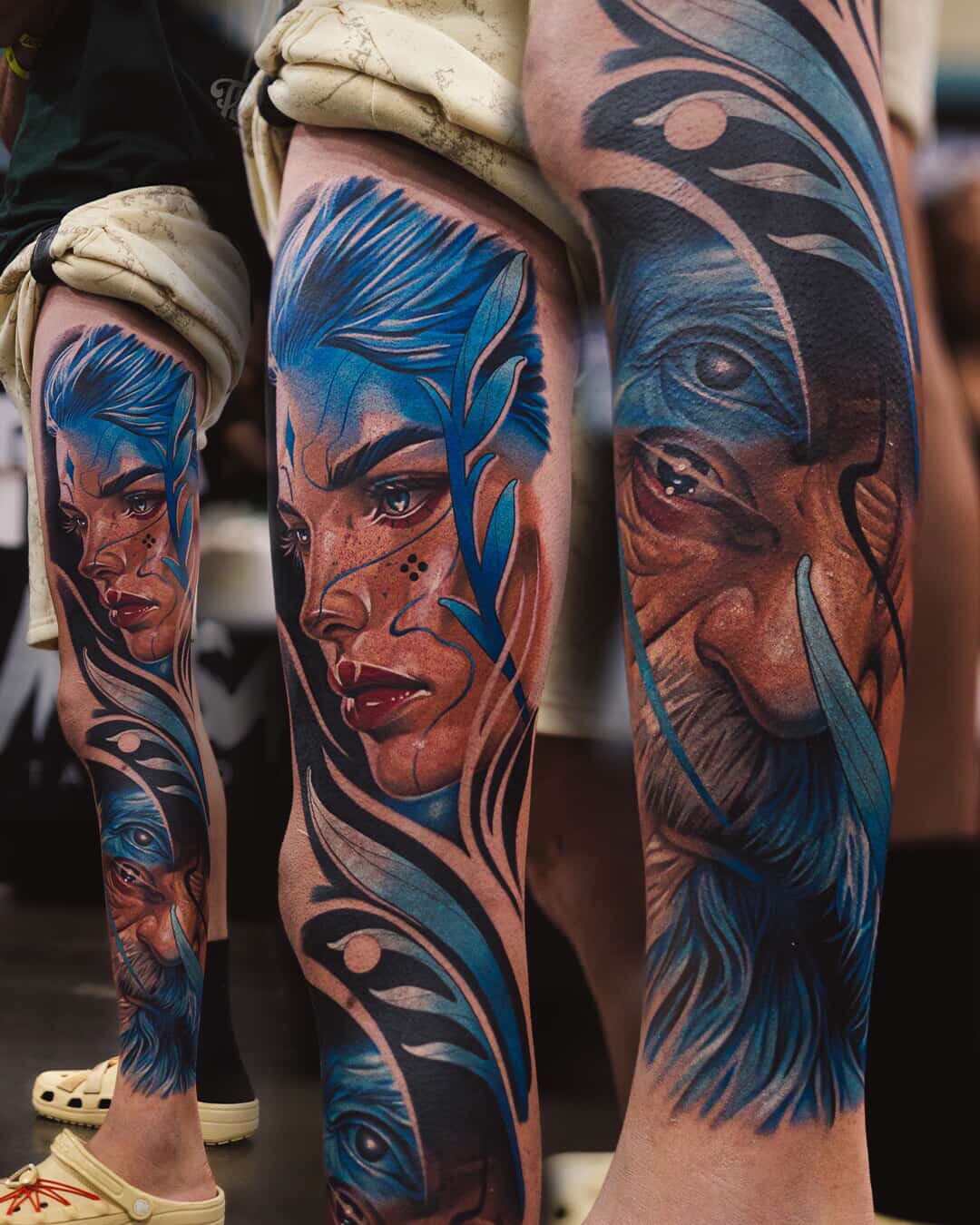 Female face realism tattoo on the leg by Tattoo Artist