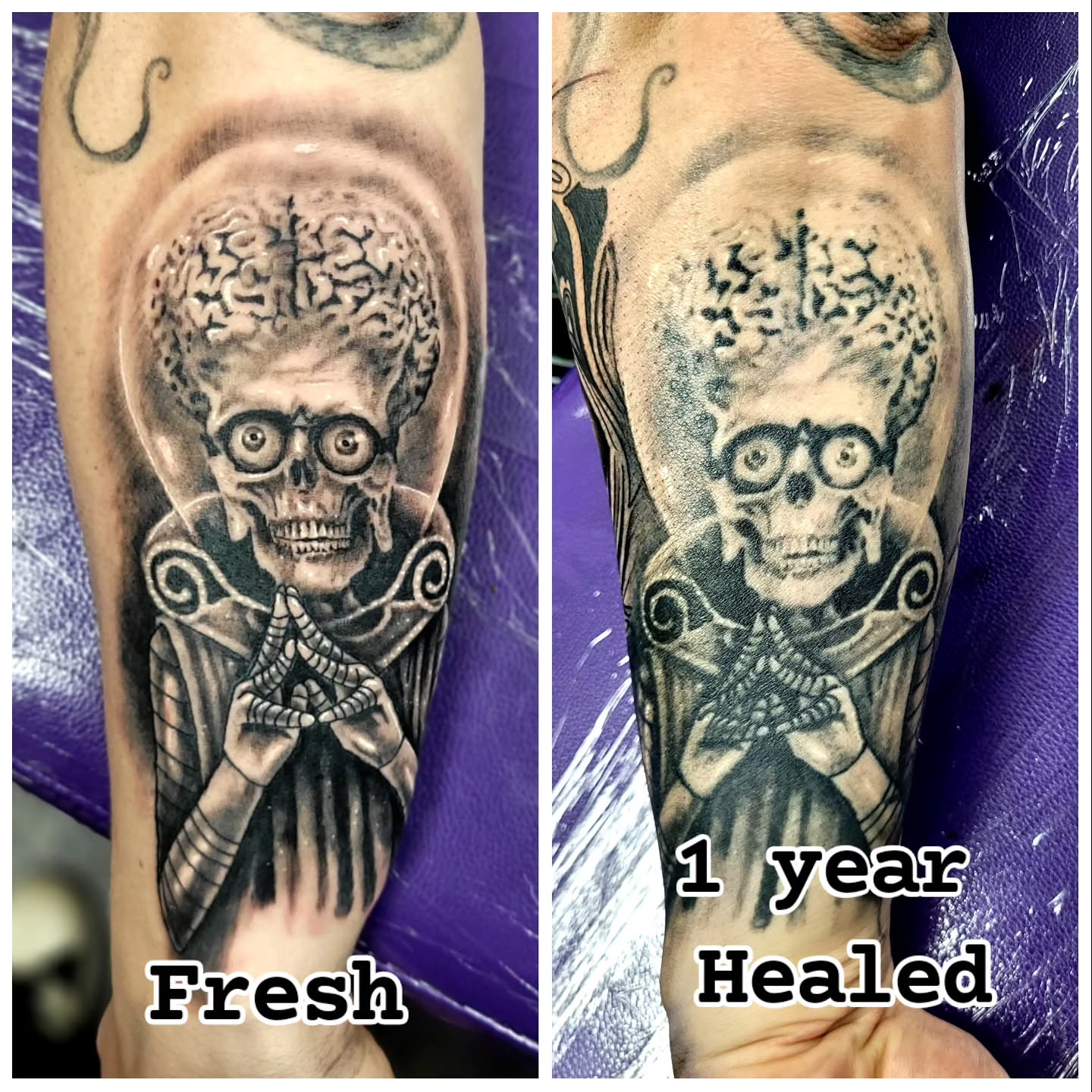 Skull with brain realism tattoo on the forearm by Jentrey McCausland