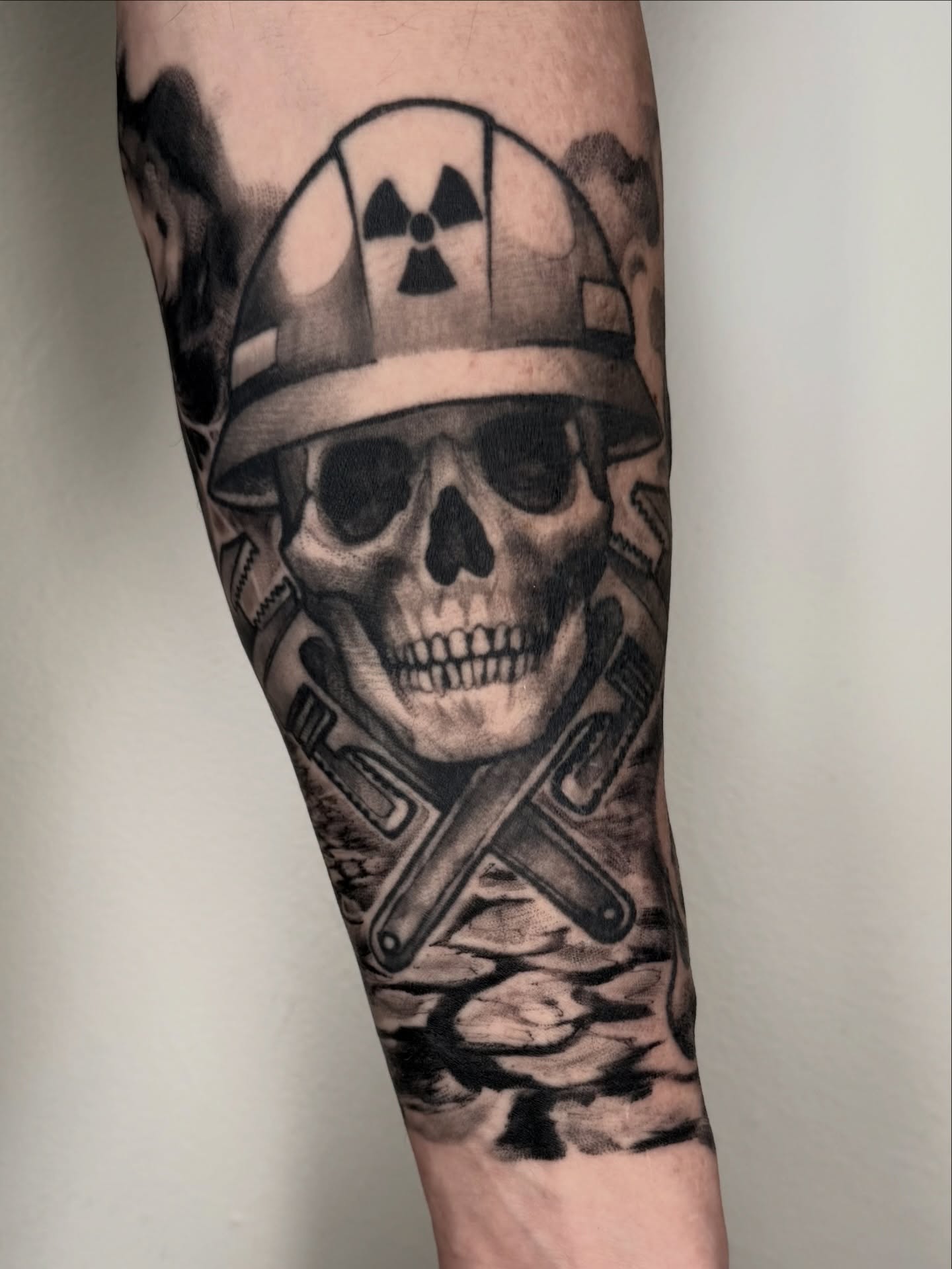 Skull with hard hat realism tattoo on the forearm by ⚔ Dylan Smith ⚔, Richmond, Virginia