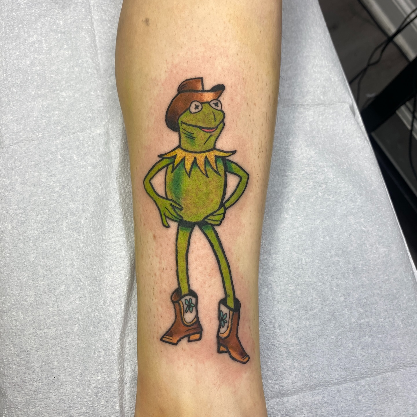 Kermit the frog illustrative tattoo on the forearm by Mike Gorman - Portland Maine Tattoo Artist, Portland, Maine