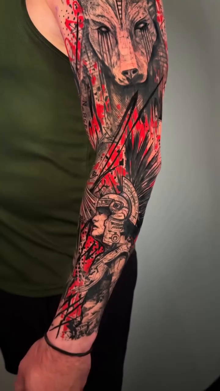 Wolf and warrior sleeve trash polka tattoo by Georgios Papadopoulos Tattoo Artist Los