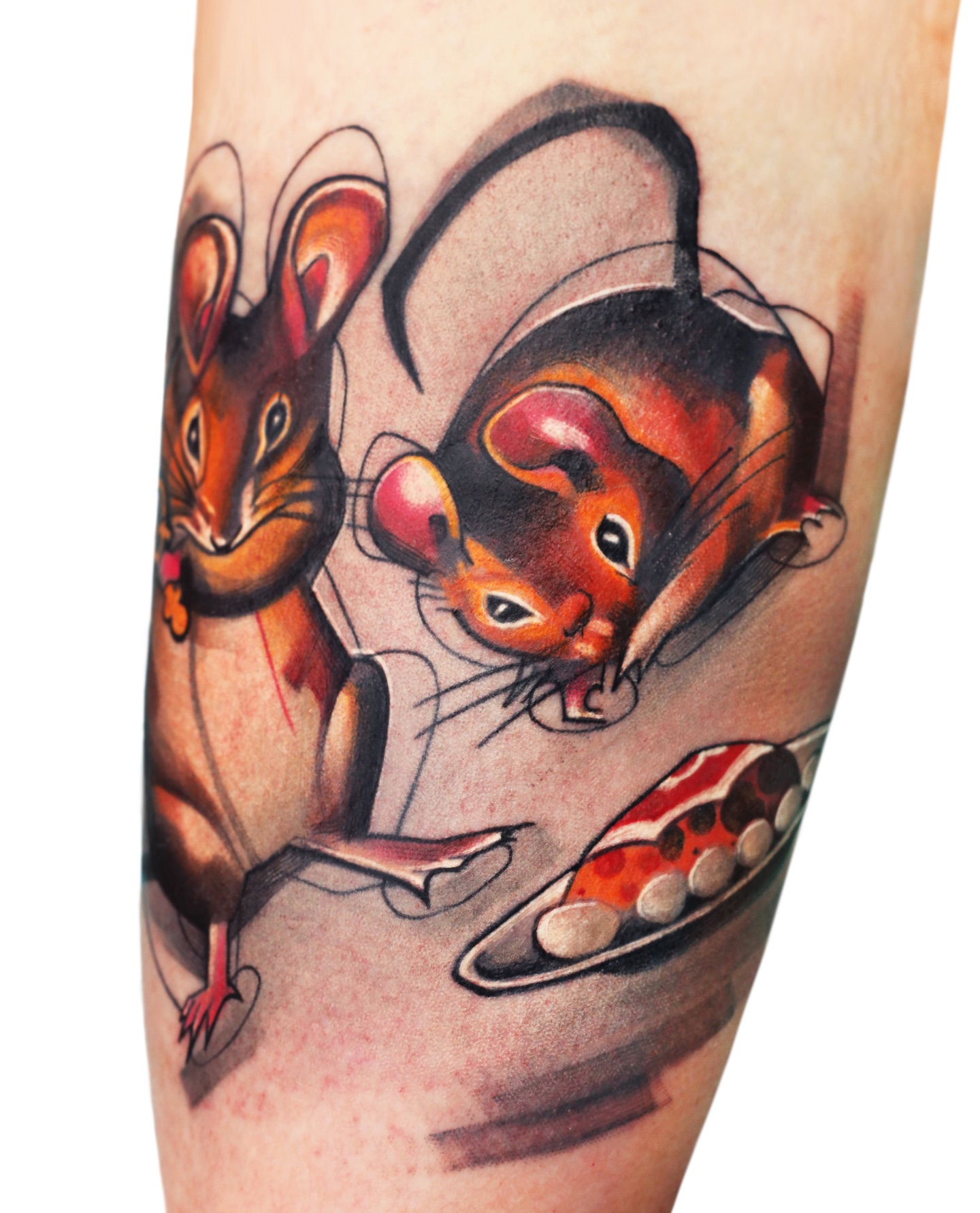 Mice and cheese American traditional tattoo on the forearm by Ivana Belakova
