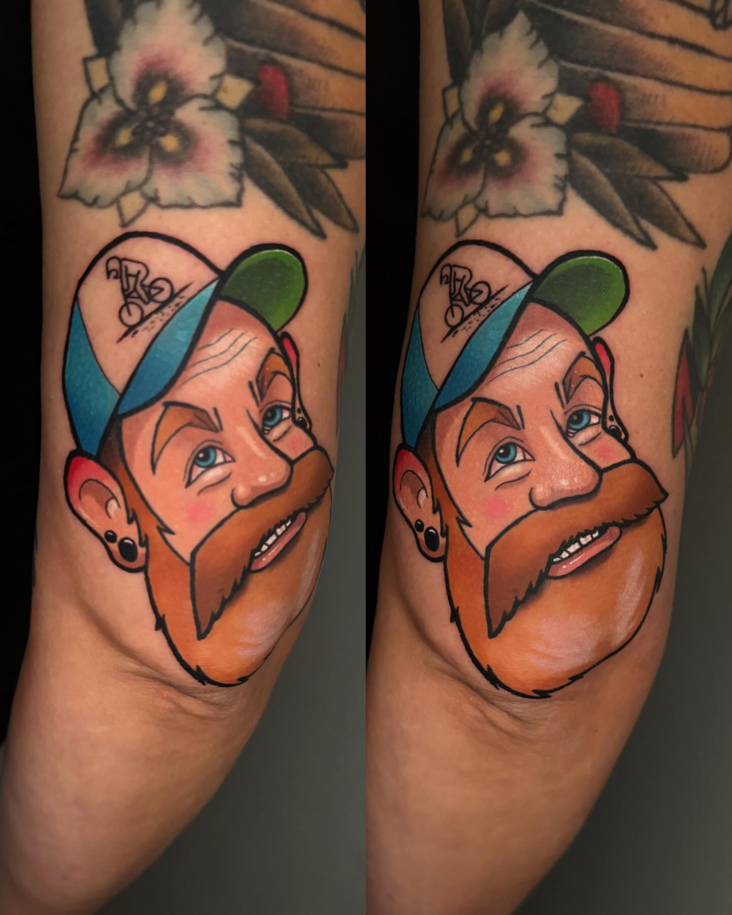 Bearded man with cap American traditional tattoo on the forearm by Preston