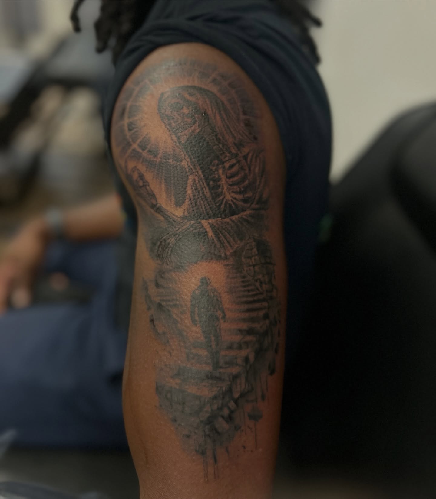 Skeleton and stairs black and grey tattoo on the forearm by ๐AK