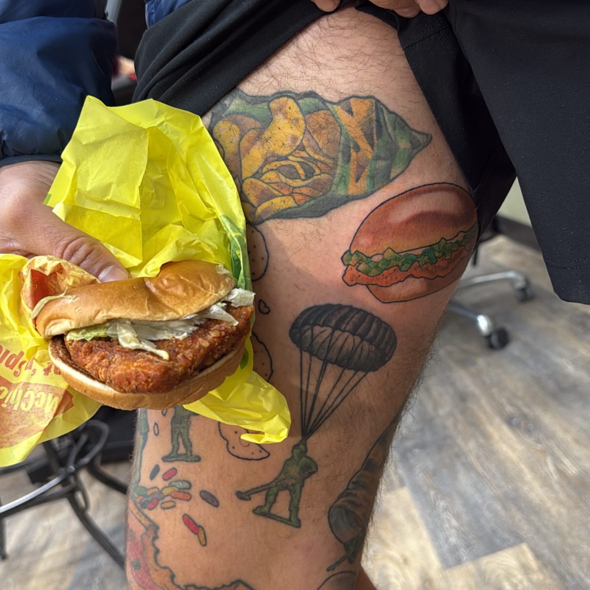 Fast food American traditional tattoo on the thigh by Eli