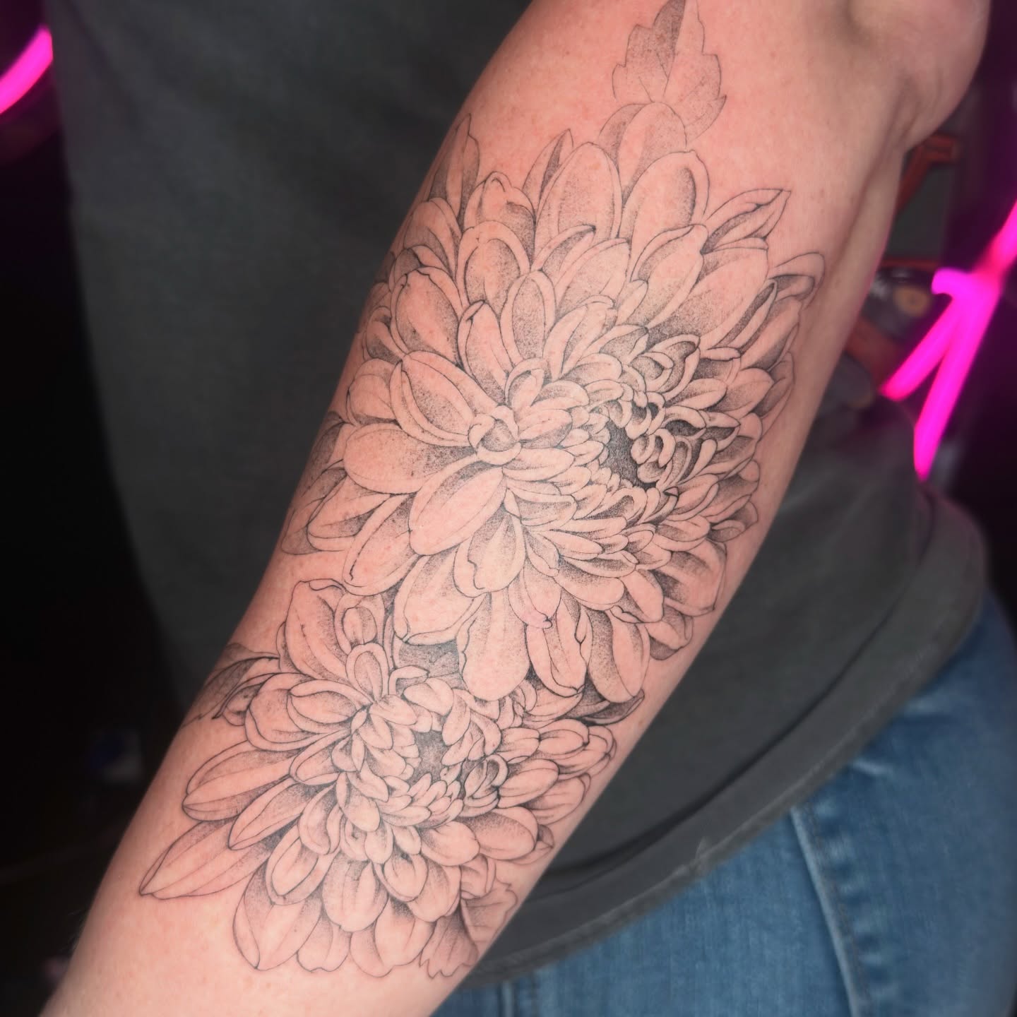 Chrysanthemum black and grey tattoo on the forearm by B o n d B o n d , “ a r t i s t “