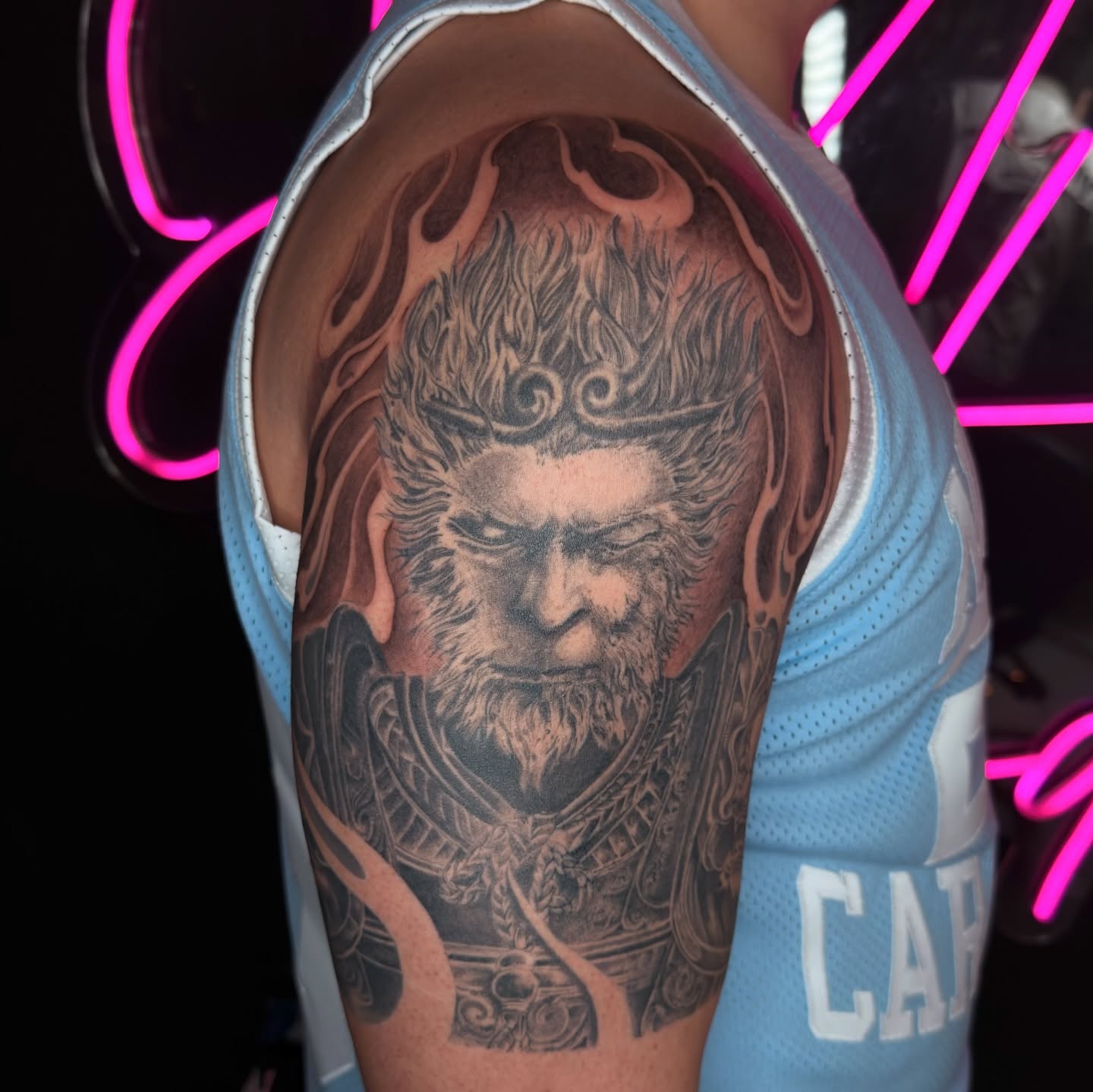 Bearded warrior realism tattoo on the shoulder by B o n d B o n d , “ a r t i s t “
