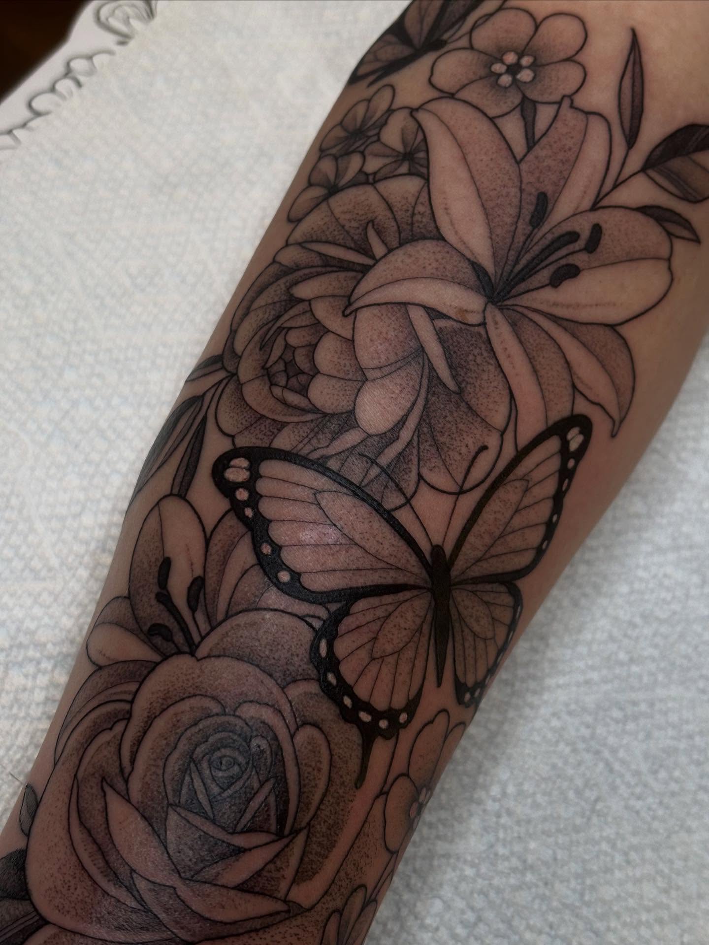 Butterfly and flowers dotwork tattoo on the forearm by š¤Madeline Kristenš¤, Somerset, Wisconsin