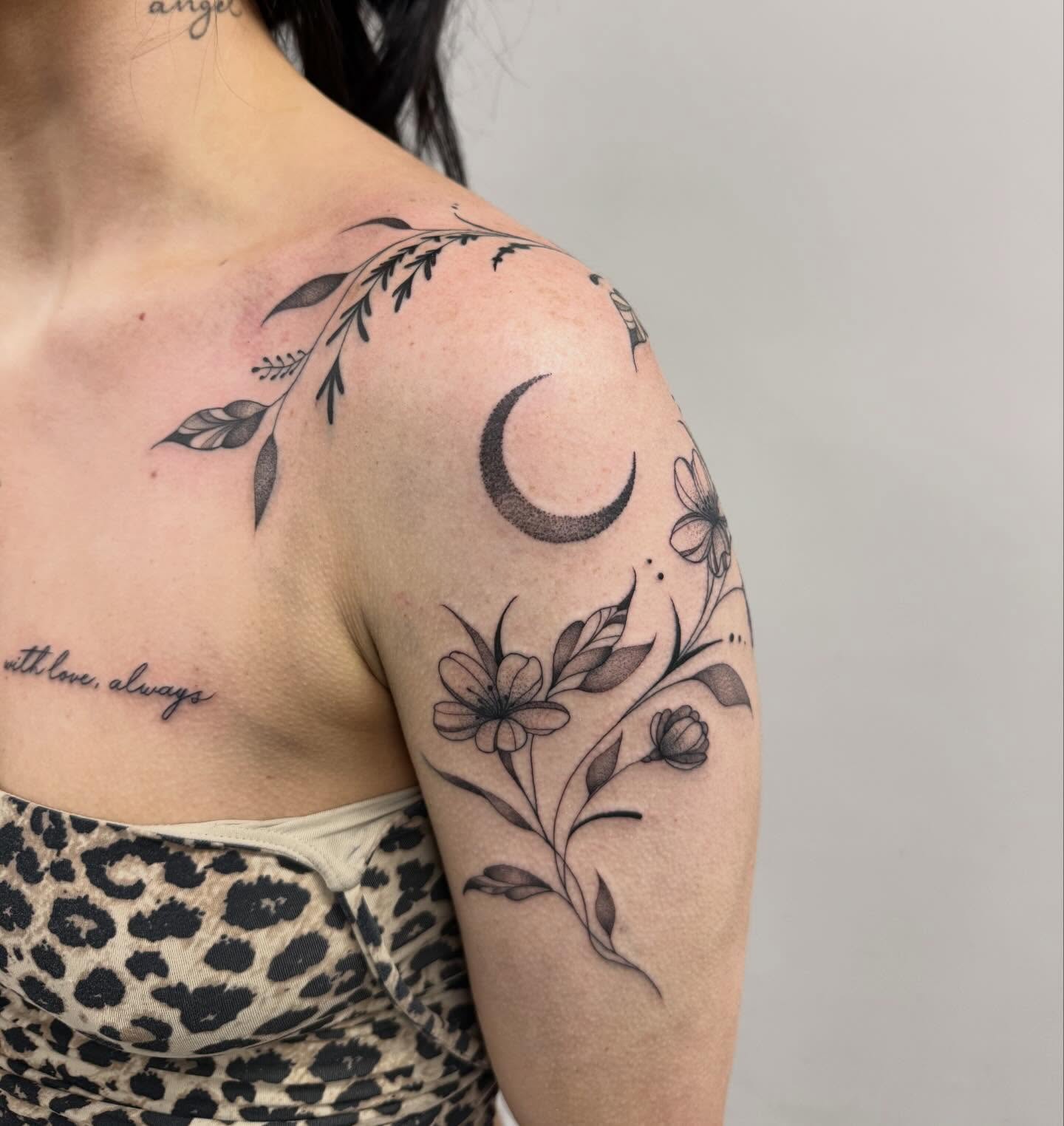 Floral crescent moon black and grey tattoo on the shoulder by ℭ𝔞𝔪𝔯𝔶𝔫, Englishtown, New Jersey