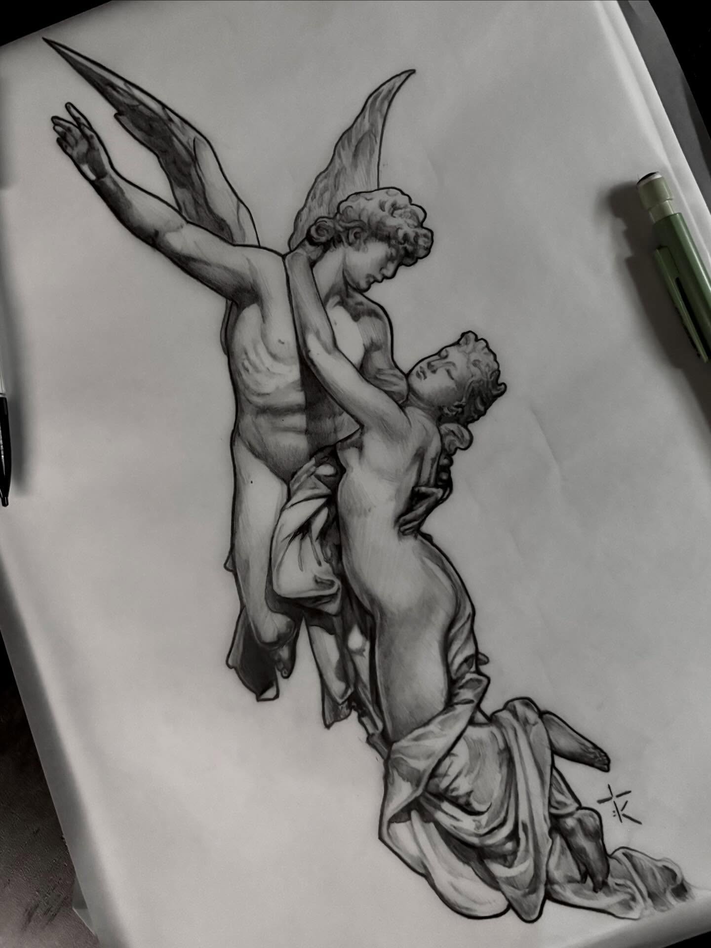 Angel and man realism tattoo by Tara, Exeter, Pennsylvania