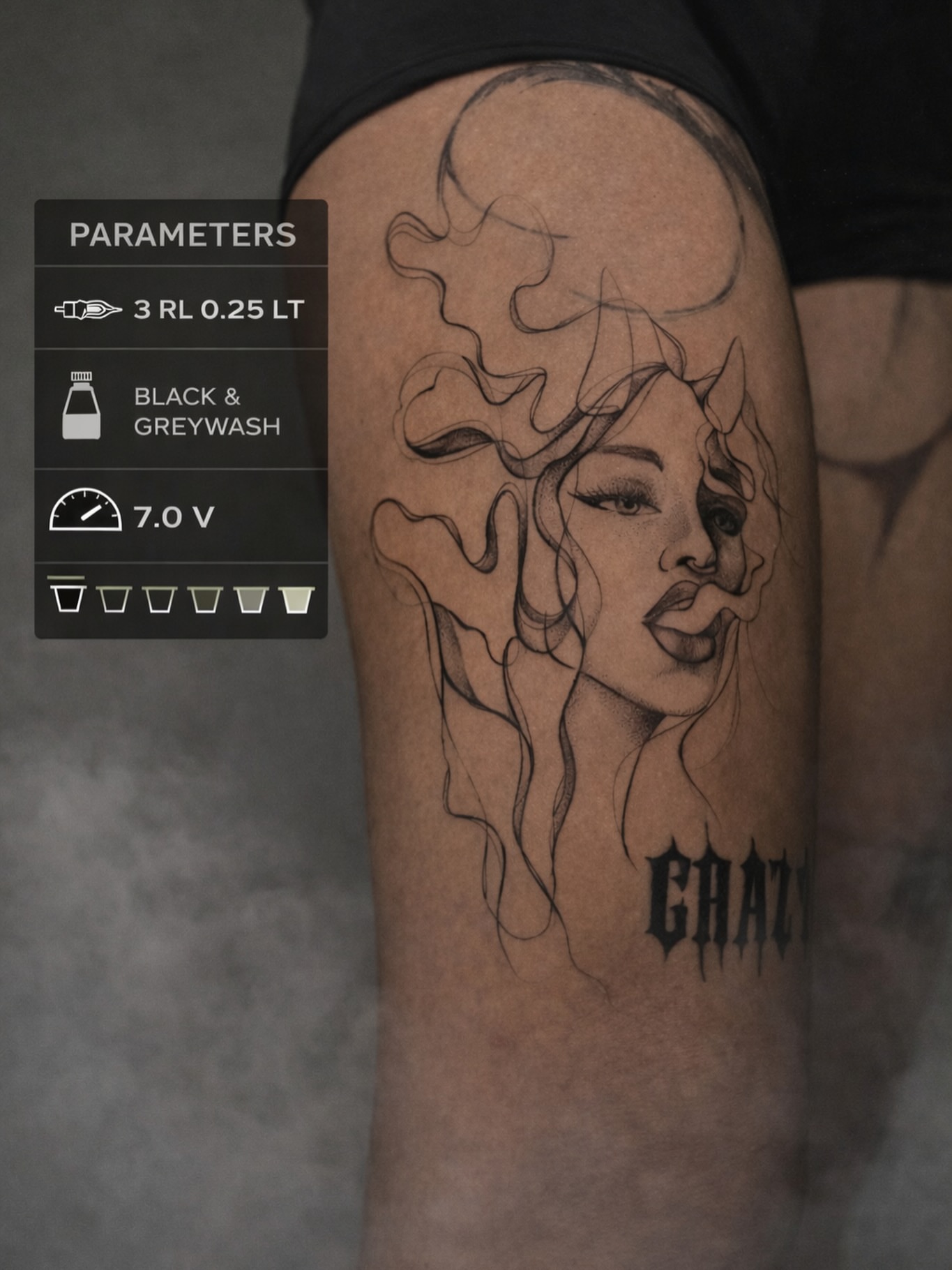 Woman with flowing hair realism tattoo on the thigh by Nina Fedorchenko