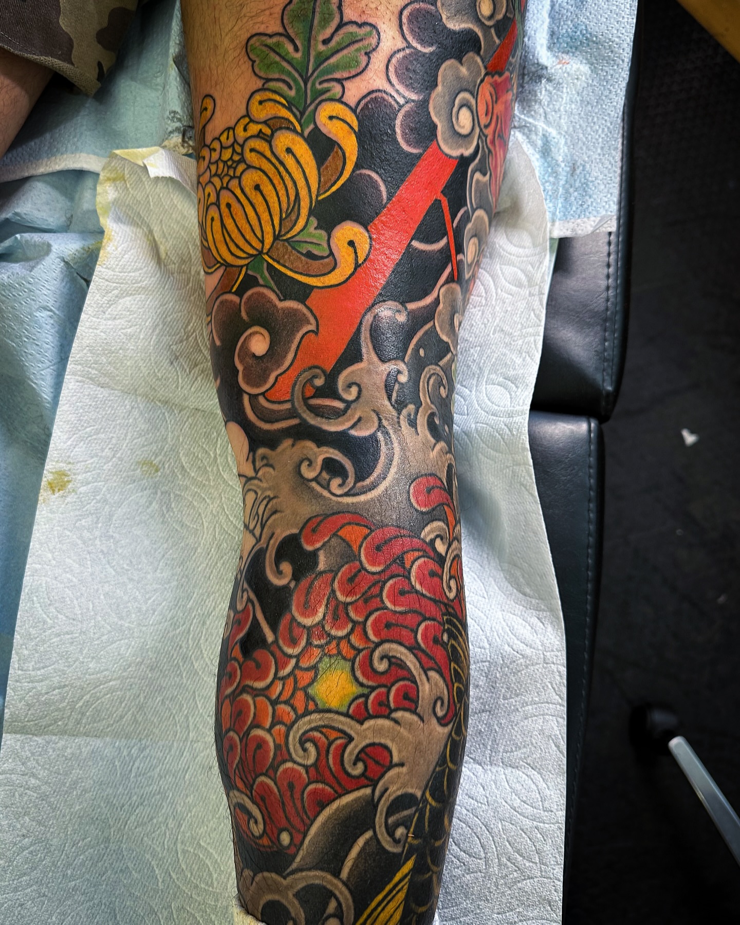 Chrysanthemum and clouds japanese irezumi tattoo on the forearm by Colin Kenji Baker, San Jose, California