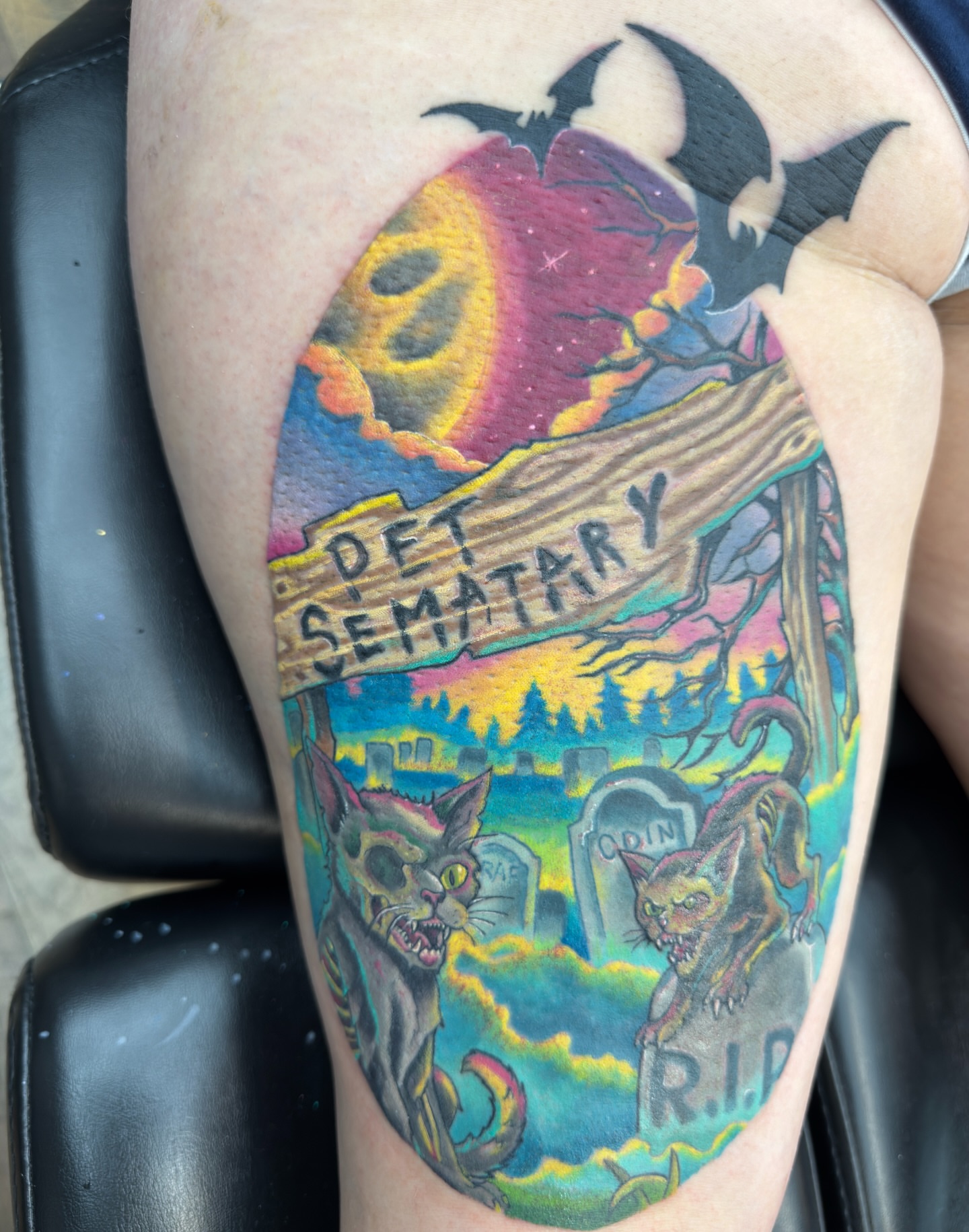 Derry Sematary dotwork tattoo on the thigh by Bryan Parsons