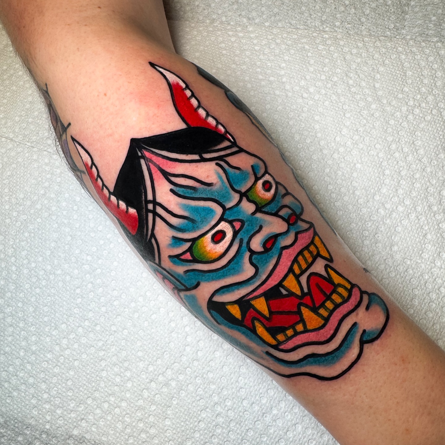 Demon mask American traditional tattoo on the forearm by Alex Kass 🥩 San Antonio TX, San Antonio, Texas