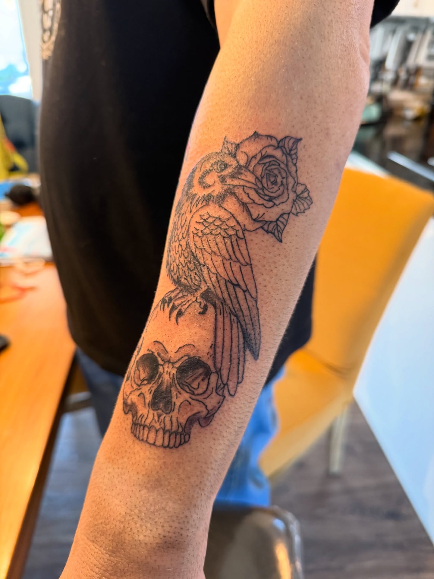 Skull and owl dotwork tattoo on the forearm by Whimsy Ink