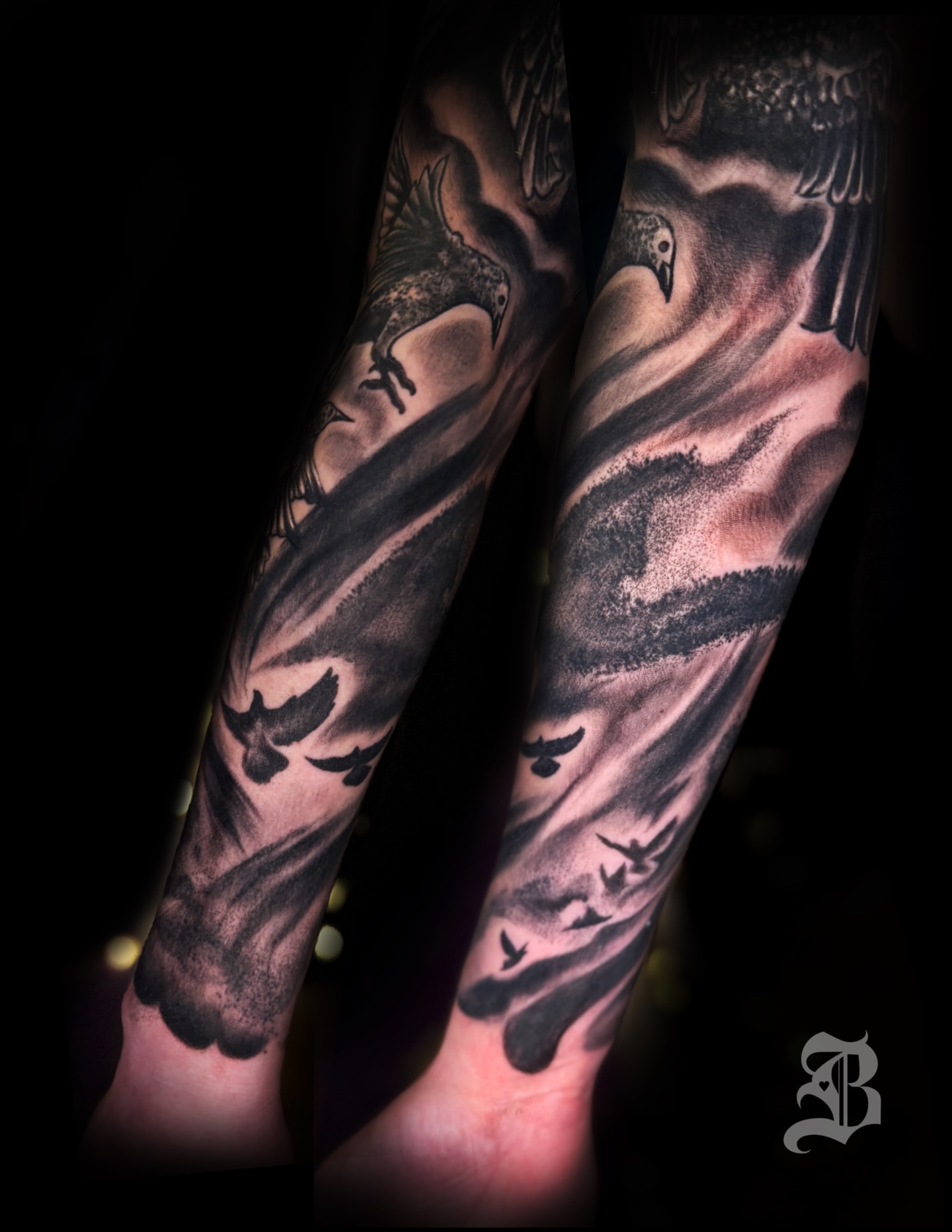 Birds realism tattoo on the forearm by ❈°binx°❈